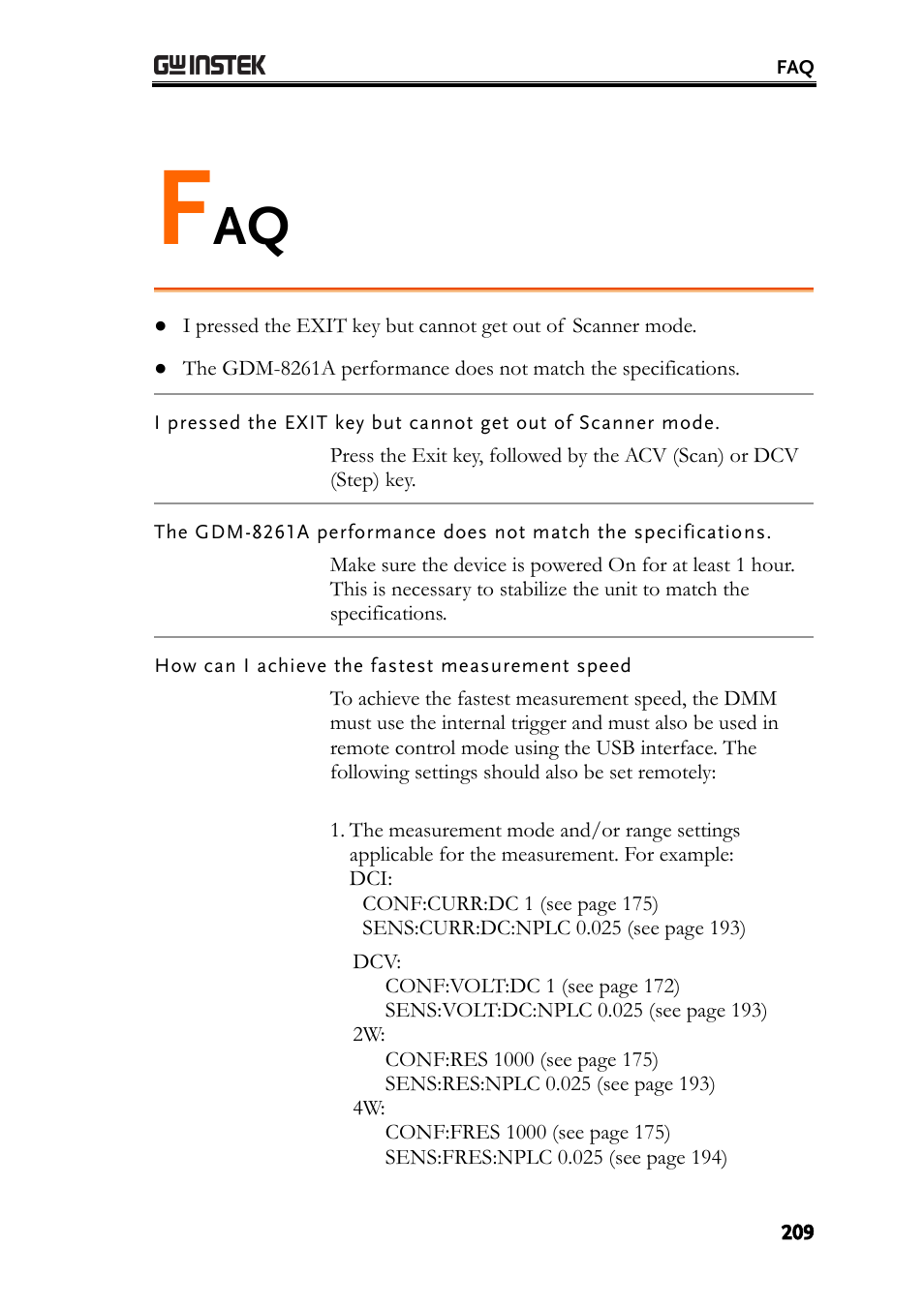 How can i achieve the fastest measurement speed | GW Instek GDM-8261A User manual User Manual | Page 209 / 230