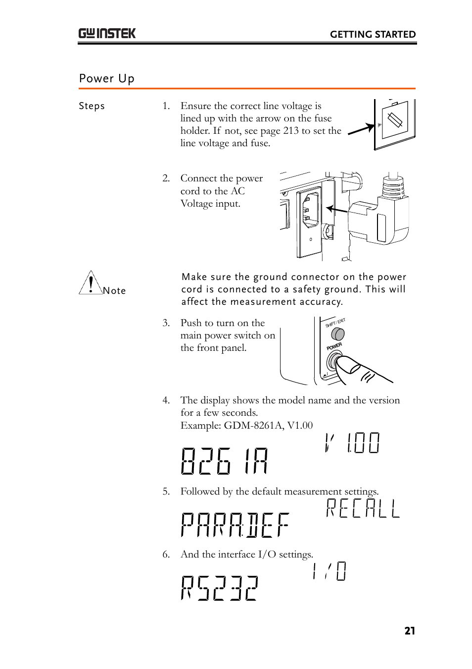 Power up, Connect the power cord to the ac voltage input, Followed by the default measurement settings | And the interface i/o settings, Getting started, Steps | GW Instek GDM-8261A User manual User Manual | Page 21 / 230