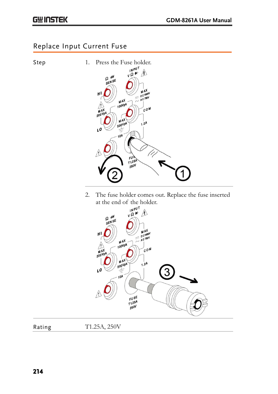 Replace input current fuse | GW Instek GDM-8261A User manual User Manual | Page 214 / 230