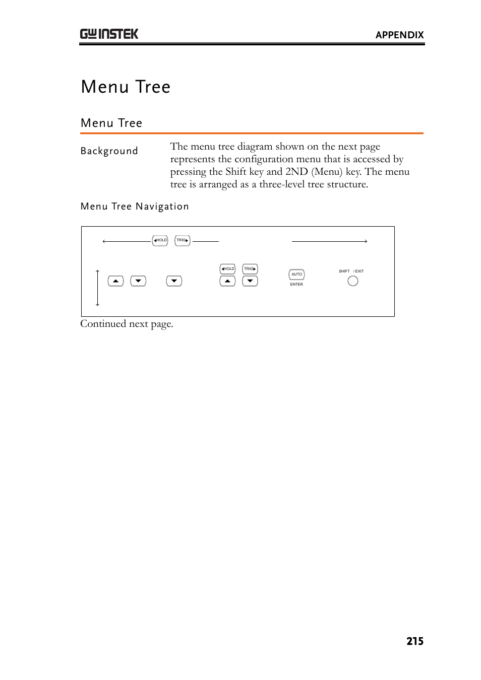 Menu tree, Continued next page, Appendix | Background, Menu tree navigation | GW Instek GDM-8261A User manual User Manual | Page 215 / 230