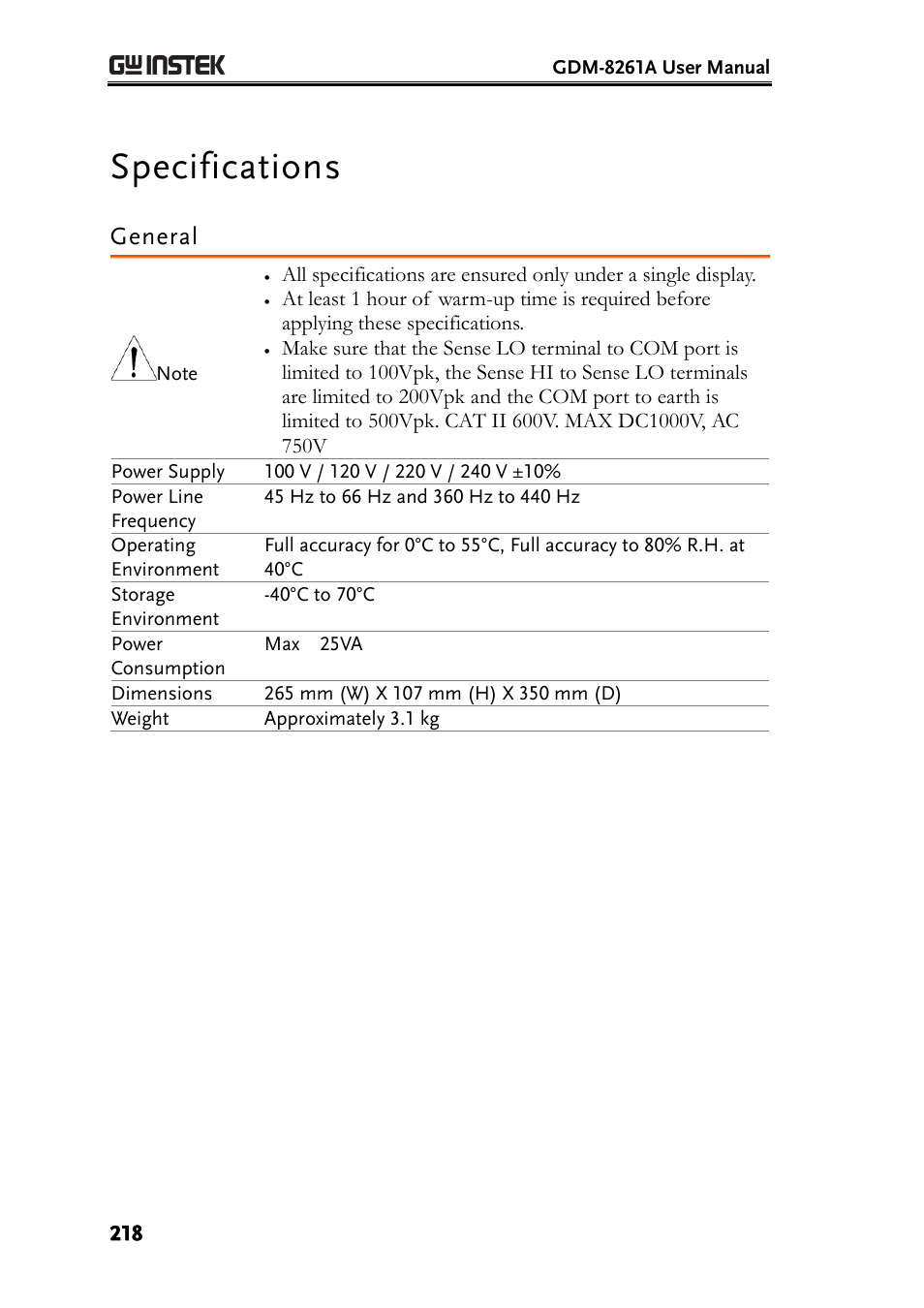 Specifications, General | GW Instek GDM-8261A User manual User Manual | Page 218 / 230