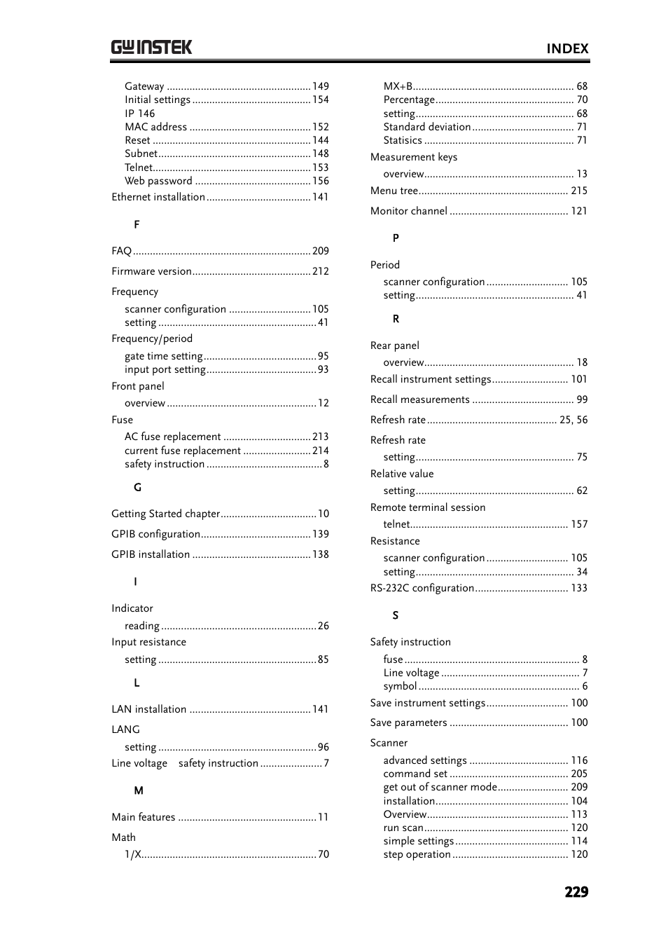 Index | GW Instek GDM-8261A User manual User Manual | Page 229 / 230