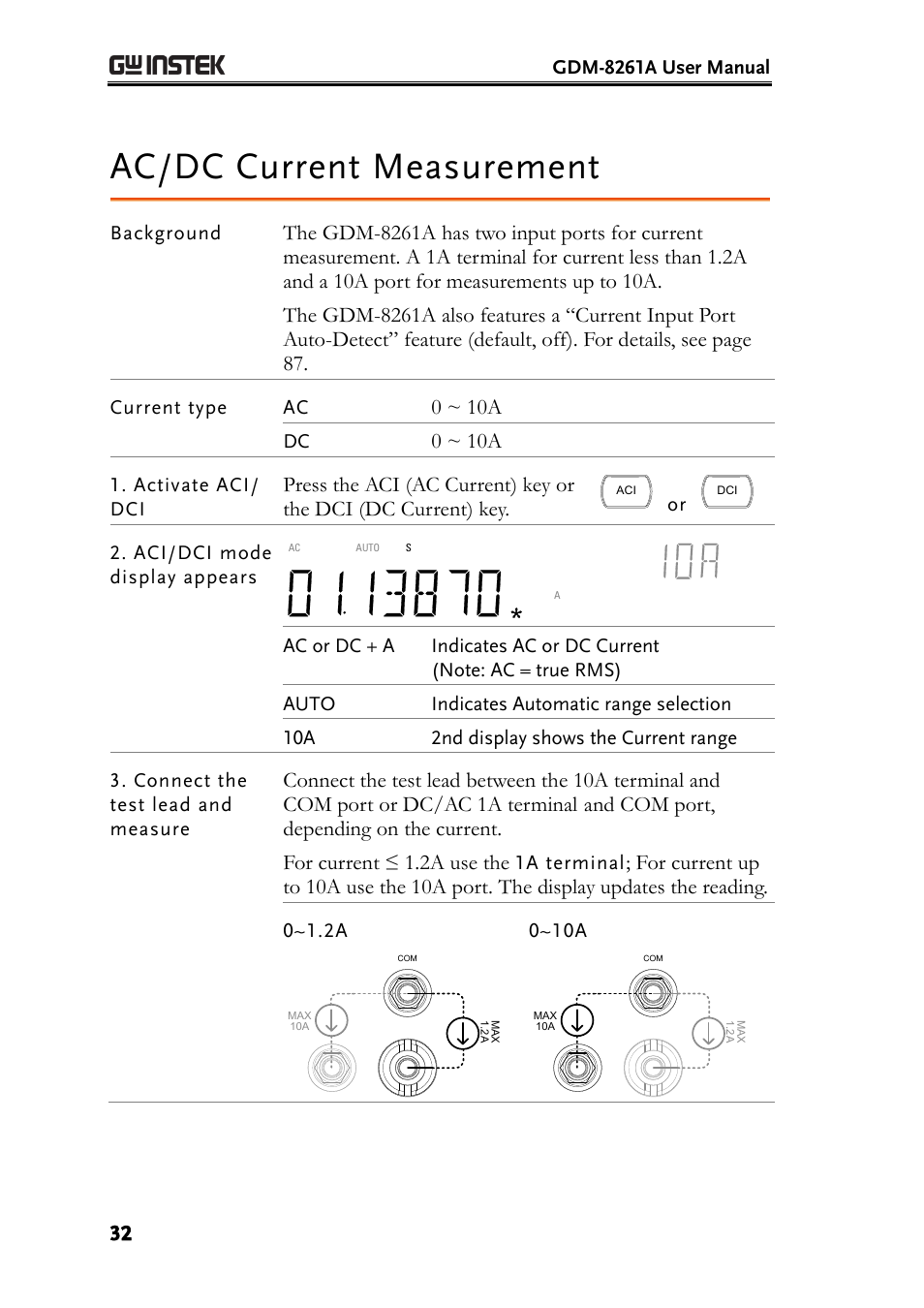 Ac/dc current measurement, E 32, 0 ~ 10a | GW Instek GDM-8261A User manual User Manual | Page 32 / 230