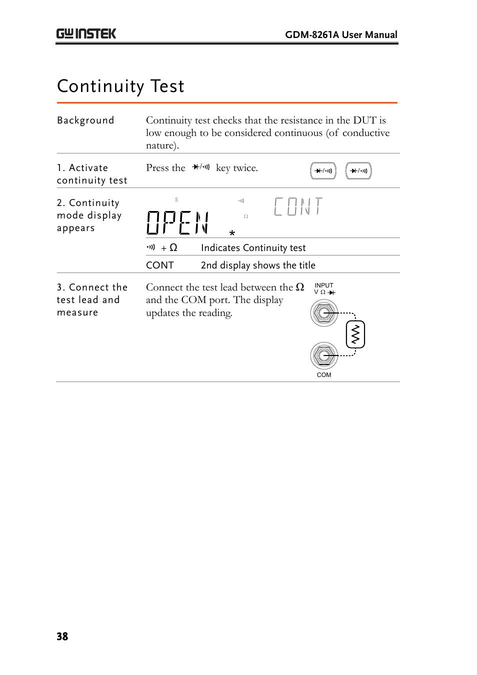 Continuity test, Press the, Key twice | GW Instek GDM-8261A User manual User Manual | Page 38 / 230