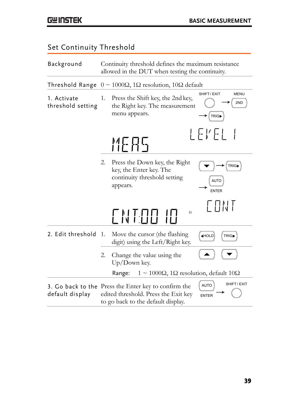 Set continuity threshold, Press the shift key, the 2nd, Key, the right key. the measurement menu appears | Change the value using the up/down key | GW Instek GDM-8261A User manual User Manual | Page 39 / 230