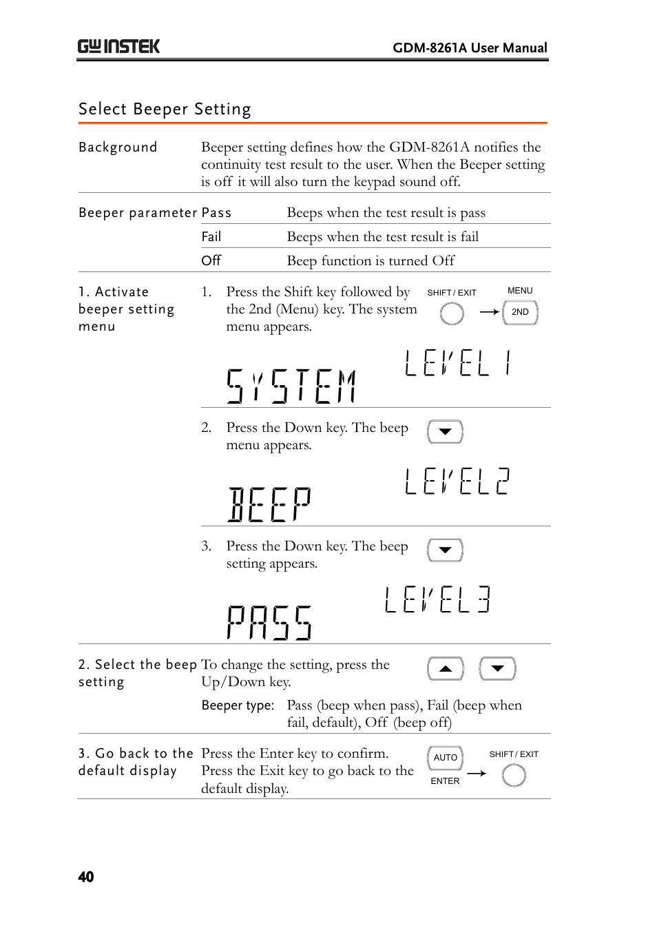 Select beeper setting | GW Instek GDM-8261A User manual User Manual | Page 40 / 230