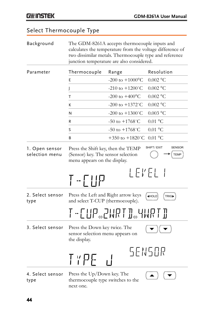 Select thermocouple type | GW Instek GDM-8261A User manual User Manual | Page 44 / 230