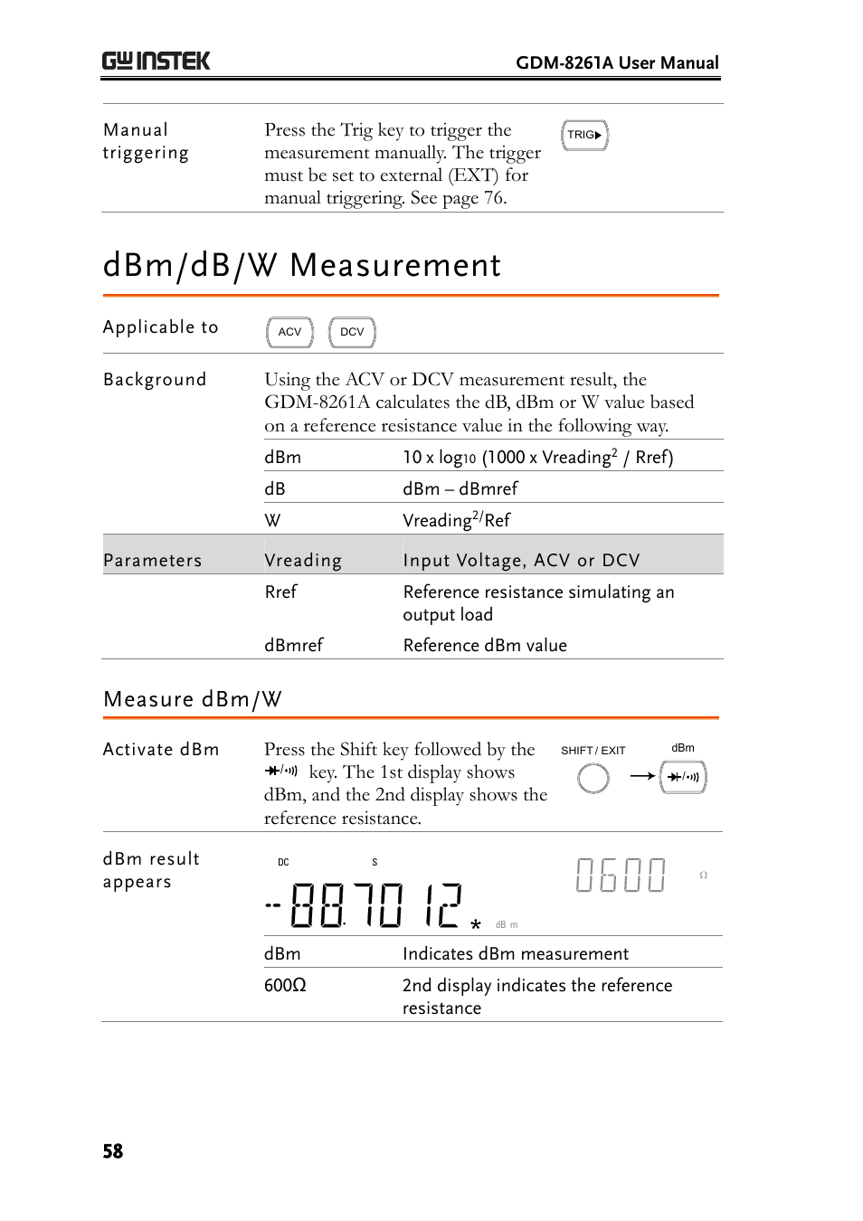 Dbm/db/w measurement, Measure dbm/w, Press the shift key followed by the | GW Instek GDM-8261A User manual User Manual | Page 58 / 230