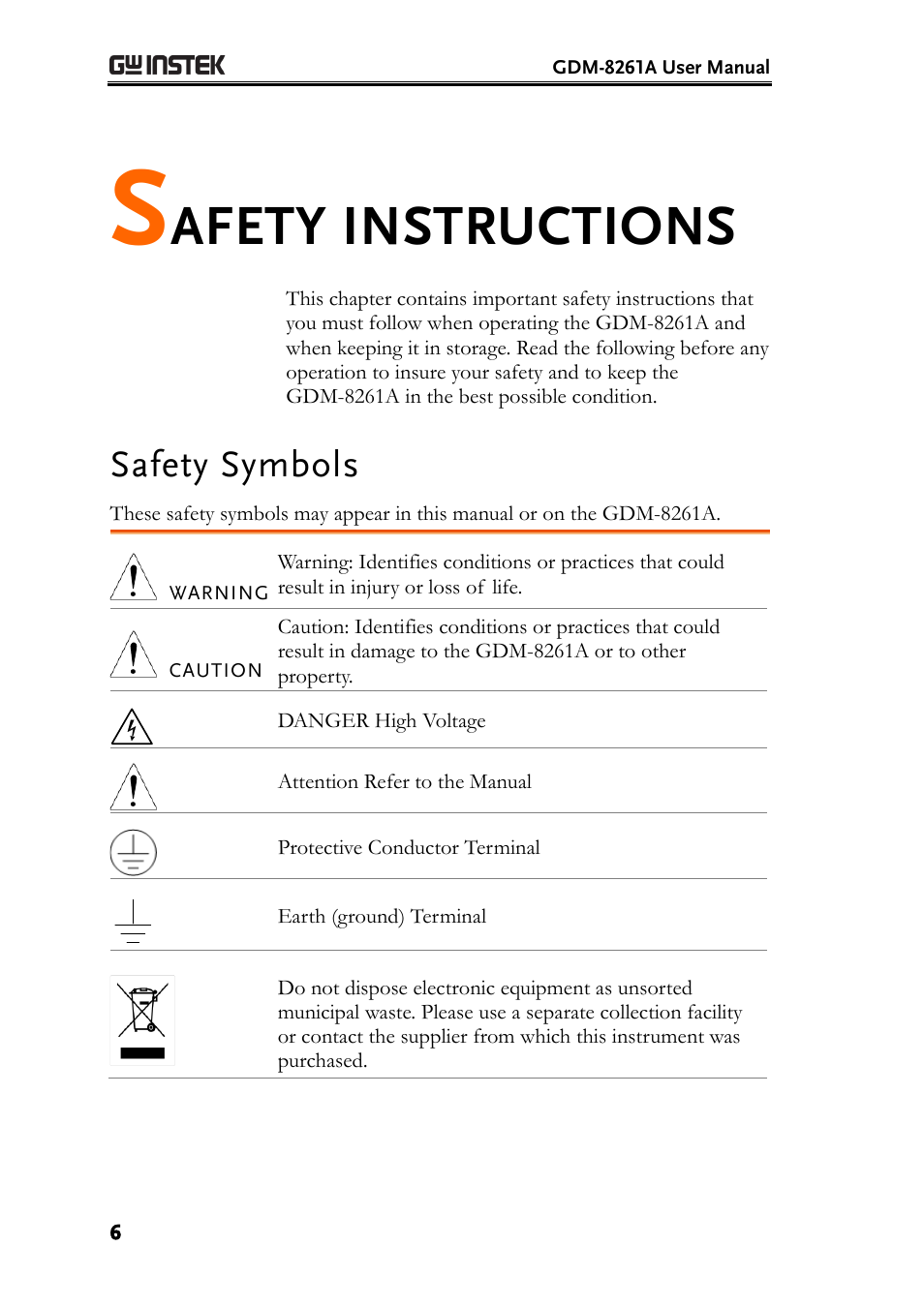Safety instructions, Safety symbols, Afety instructions | GW Instek GDM-8261A User manual User Manual | Page 6 / 230