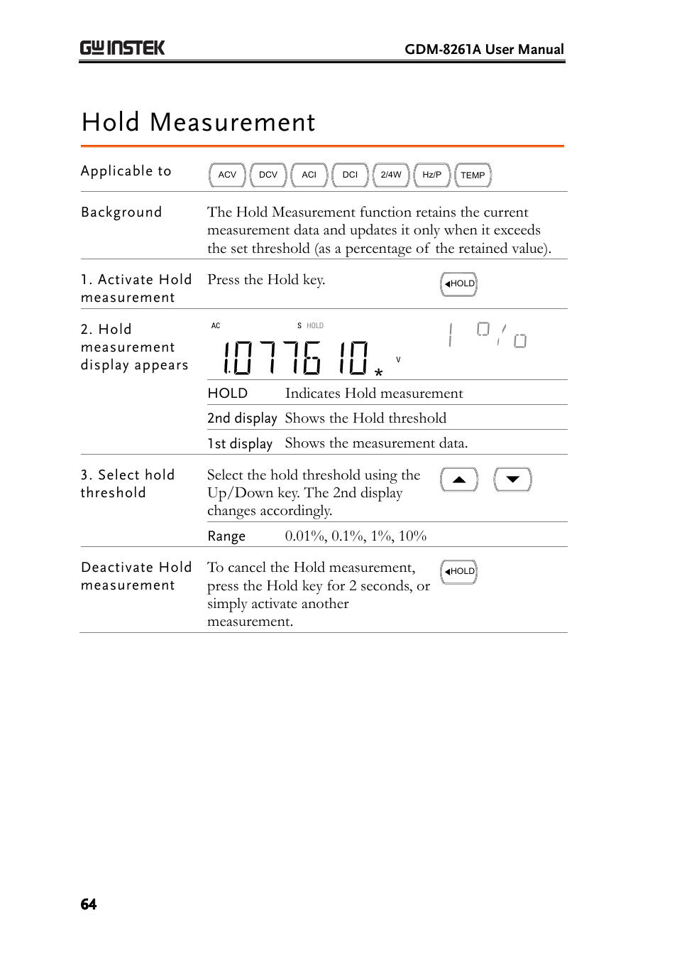 Hold measurement, Press the hold key, Indicates hold measurement | Shows the hold threshold, Shows the measurement data | GW Instek GDM-8261A User manual User Manual | Page 64 / 230