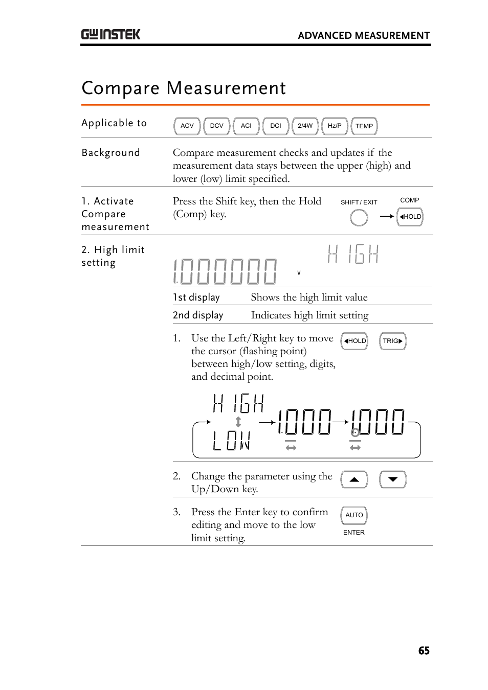 Compare measurement, Press the shift key, then the hold (comp) key, Shows the high limit value | Indicates high limit setting, Change the parameter using the up/down key | GW Instek GDM-8261A User manual User Manual | Page 65 / 230