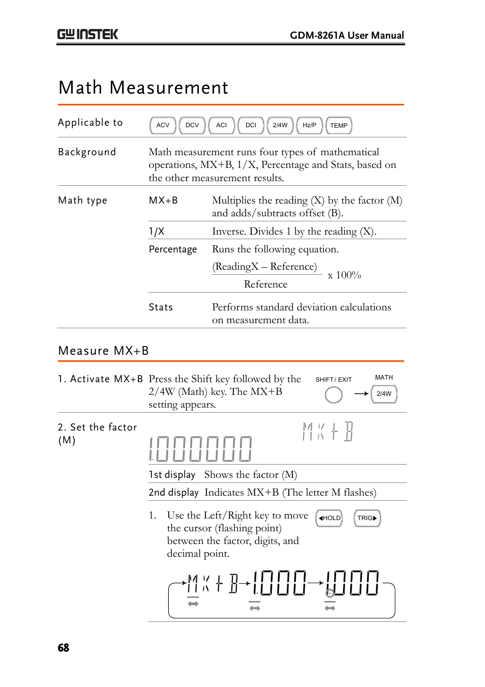 Math measurement, Measure mx+b | GW Instek GDM-8261A User manual User Manual | Page 68 / 230