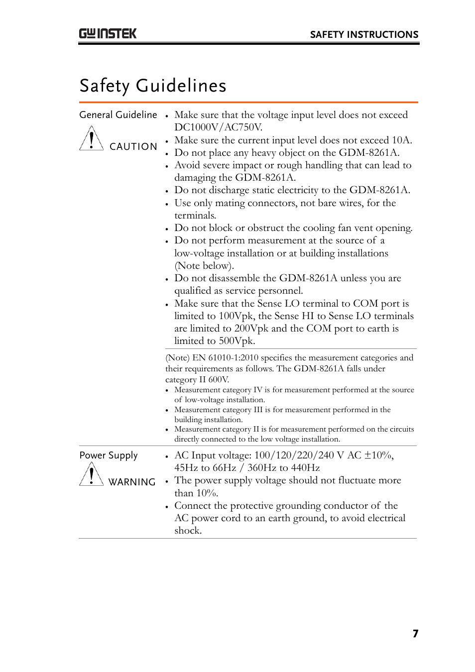 Safety guidelines, Do not place any heavy object on the gdm-8261a | GW Instek GDM-8261A User manual User Manual | Page 7 / 230