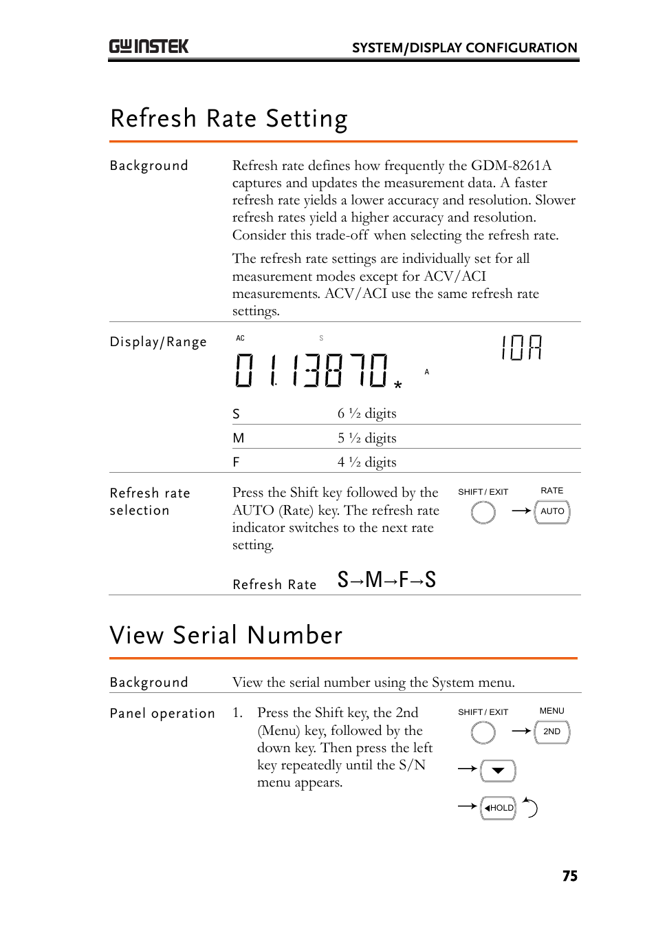 Refresh rate setting, View serial number | GW Instek GDM-8261A User manual User Manual | Page 75 / 230