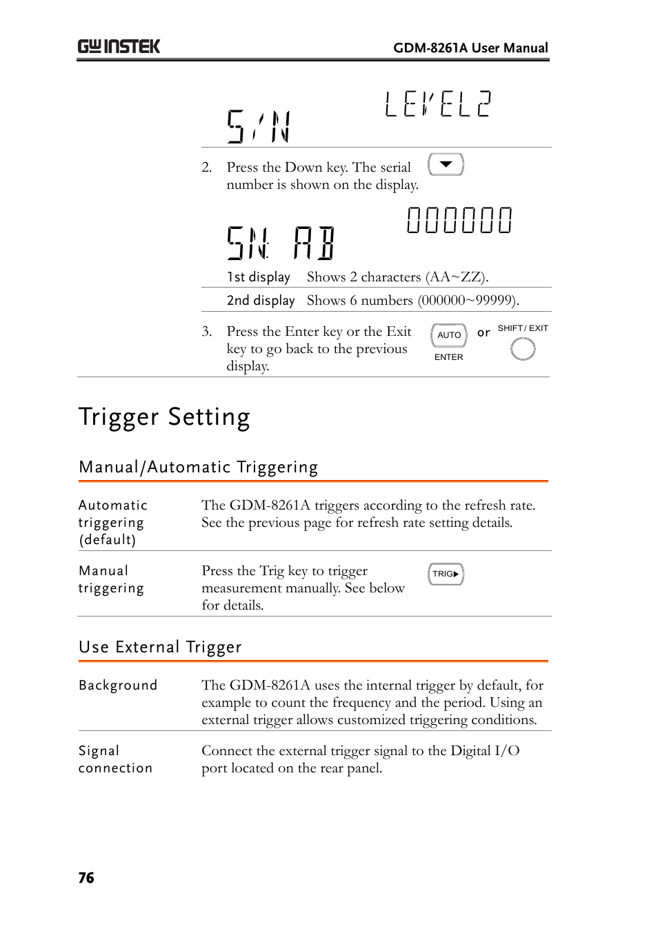 Trigger setting, Manual/automatic triggering, Use external trigger | GW Instek GDM-8261A User manual User Manual | Page 76 / 230