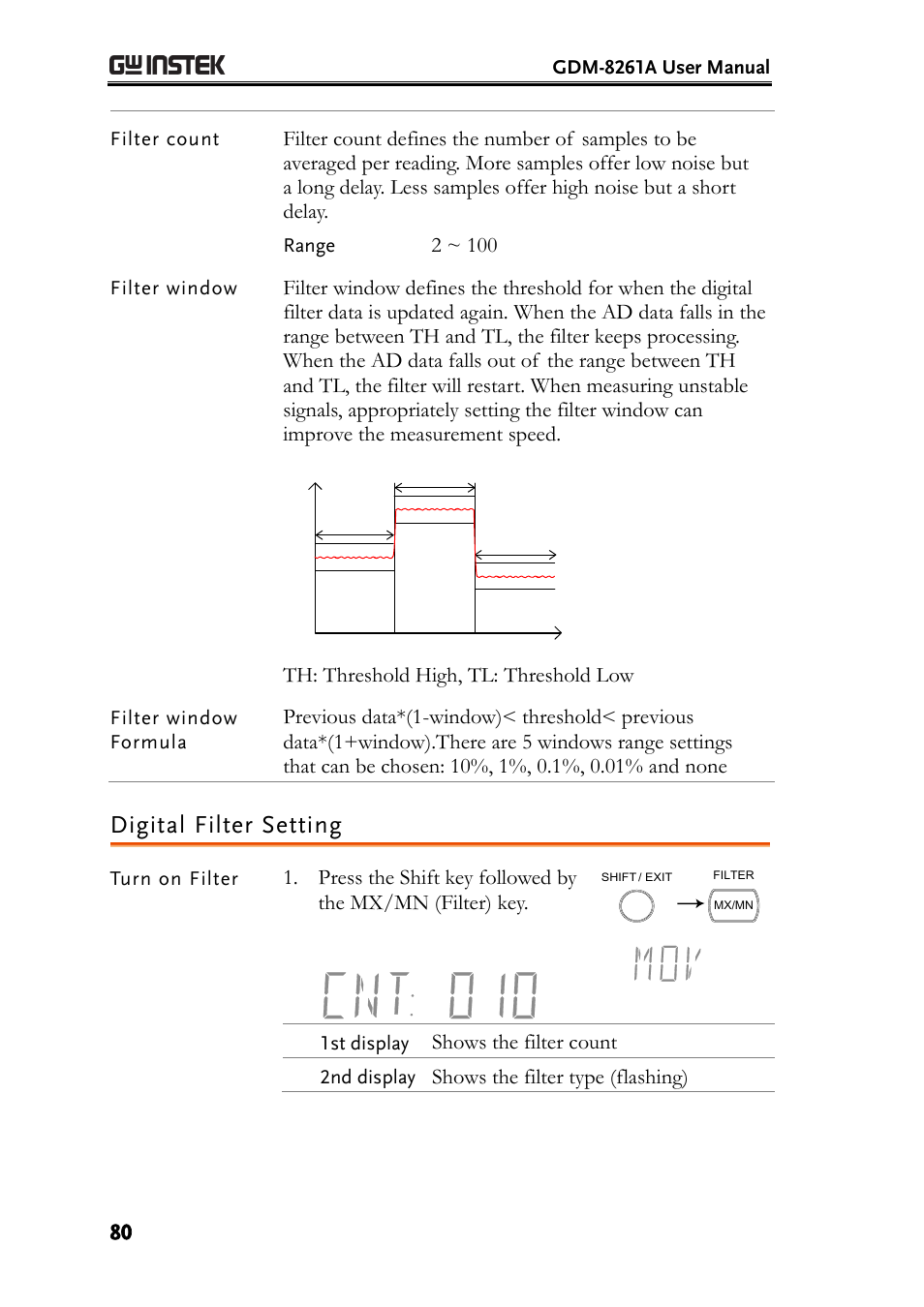 Digital filter setting, Th: threshold high, tl: threshold low, Shows the filter count | Shows the filter type (flashing) | GW Instek GDM-8261A User manual User Manual | Page 80 / 230