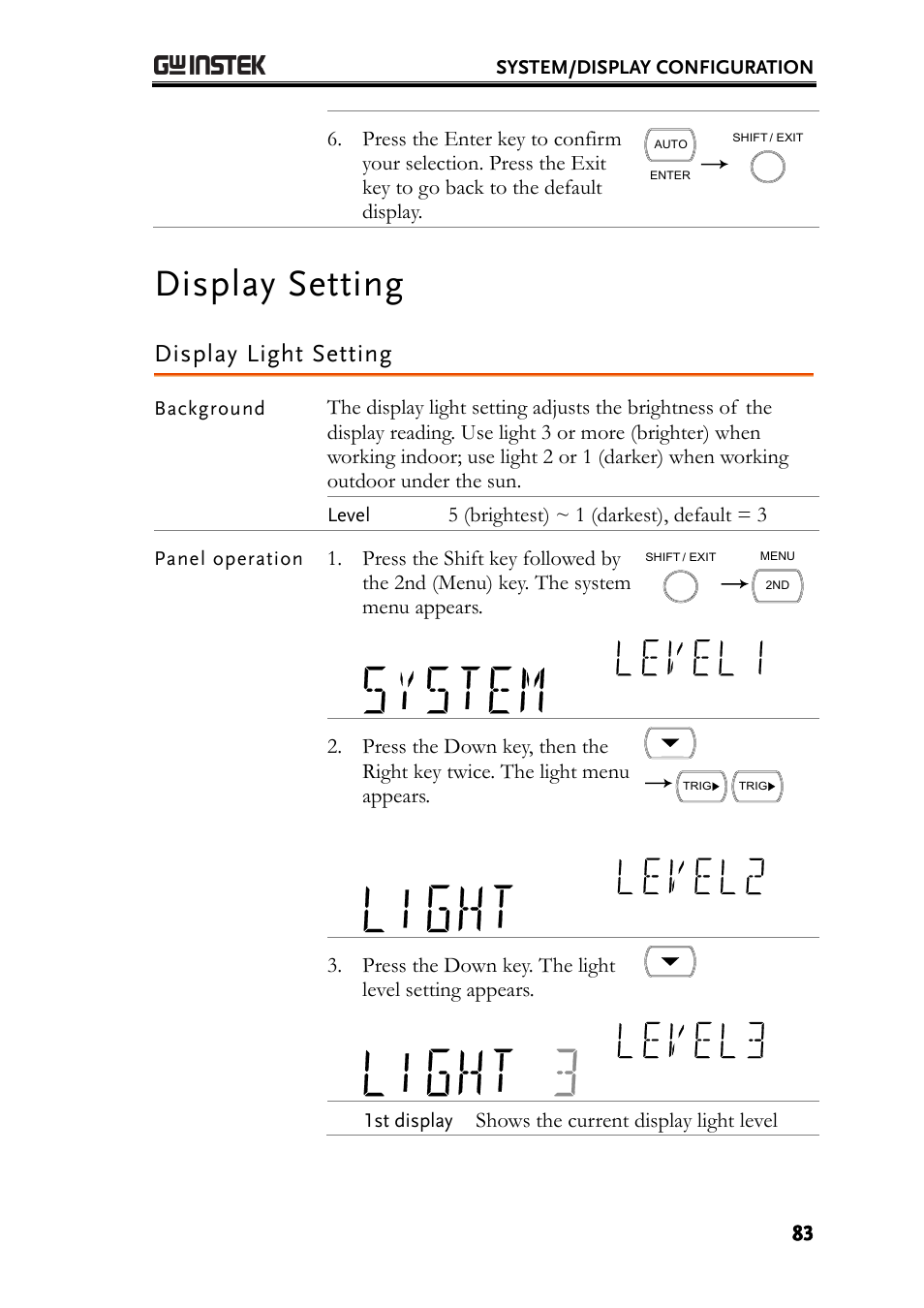 Display setting, Display light setting | GW Instek GDM-8261A User manual User Manual | Page 83 / 230