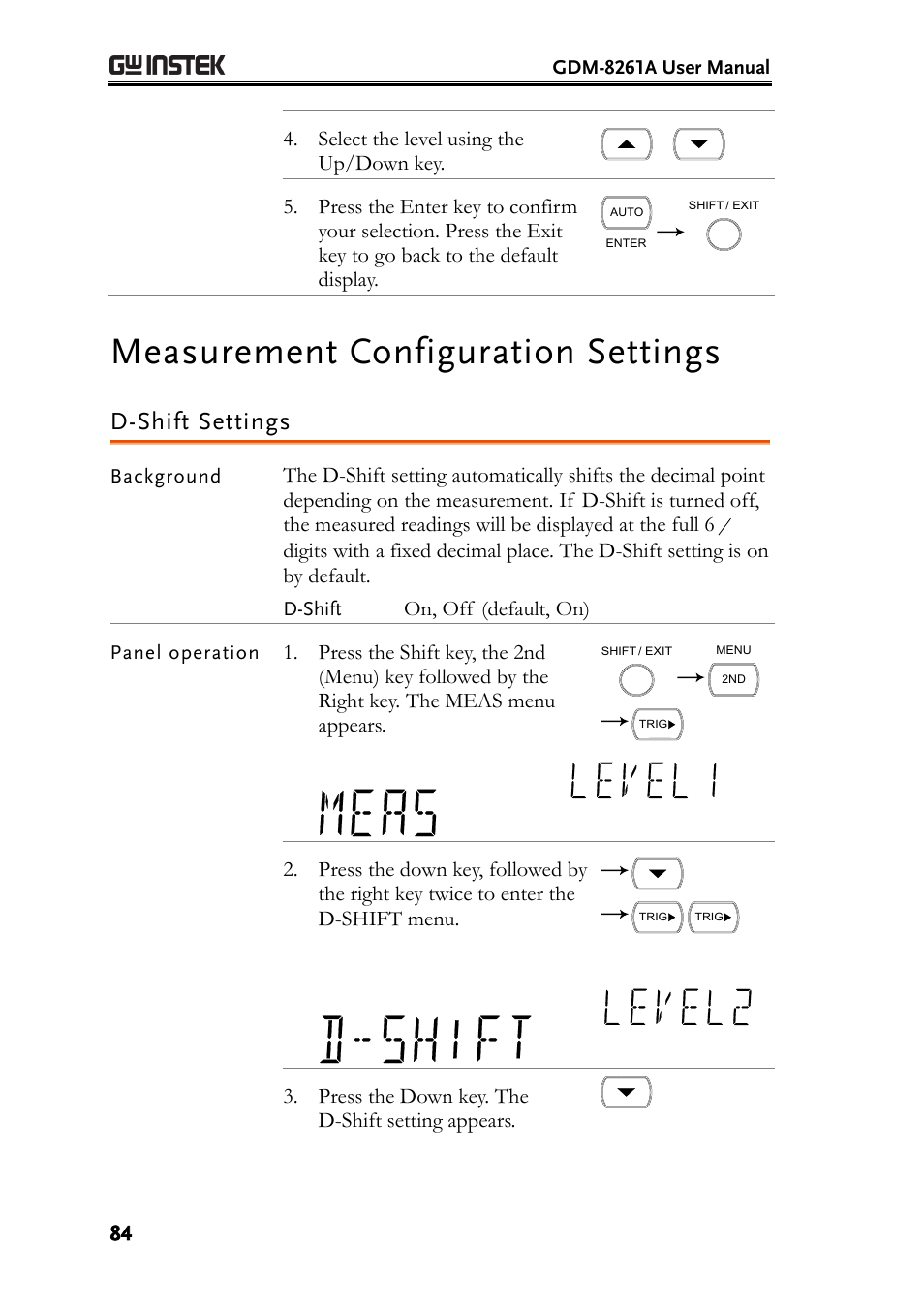 Measurement configuration settings, D-shift settings | GW Instek GDM-8261A User manual User Manual | Page 84 / 230