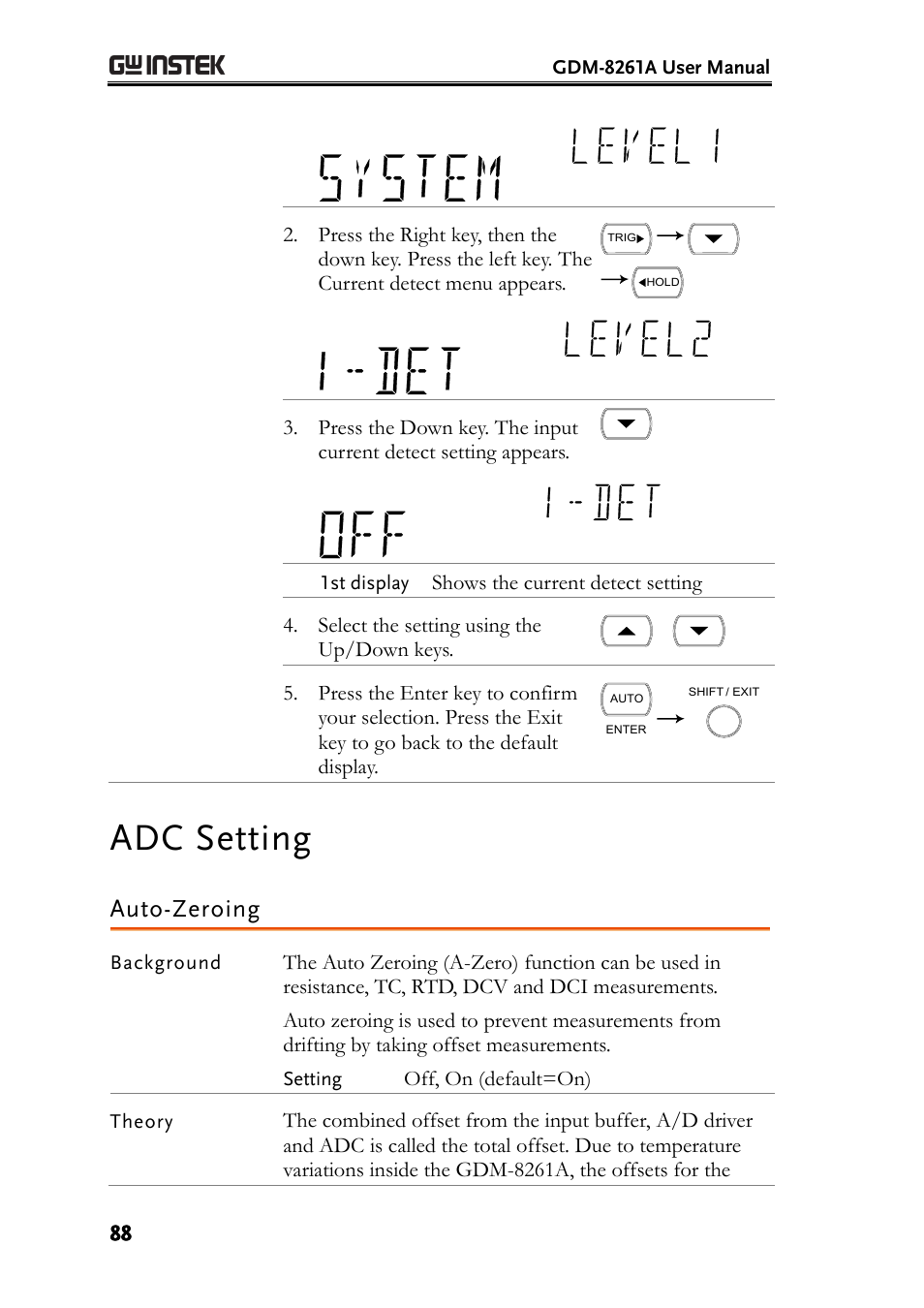 Adc setting, Auto-zeroing | GW Instek GDM-8261A User manual User Manual | Page 88 / 230