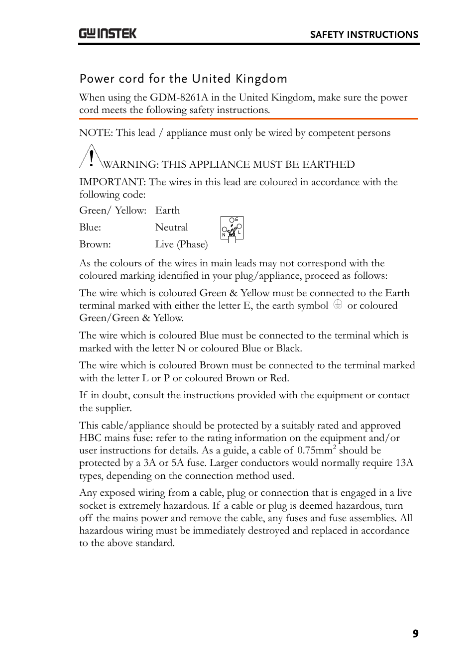 Power cord for the united kingdom | GW Instek GDM-8261A User manual User Manual | Page 9 / 230