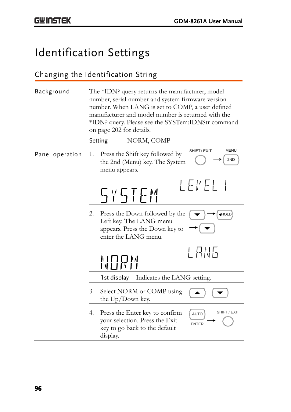 Identification settings, Changing the identification string | GW Instek GDM-8261A User manual User Manual | Page 96 / 230