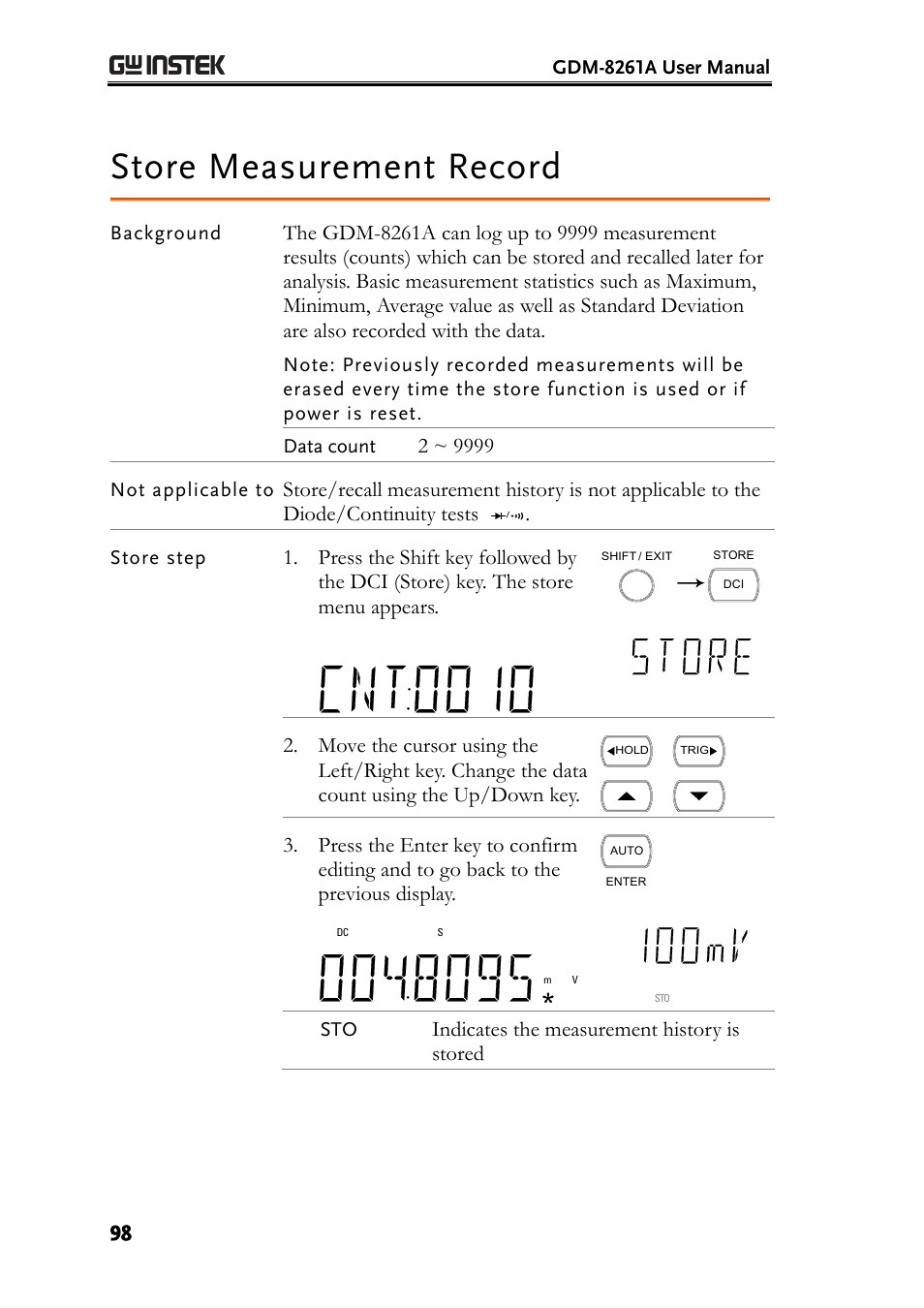 Store measurement record, Indicates the measurement history is stored | GW Instek GDM-8261A User manual User Manual | Page 98 / 230