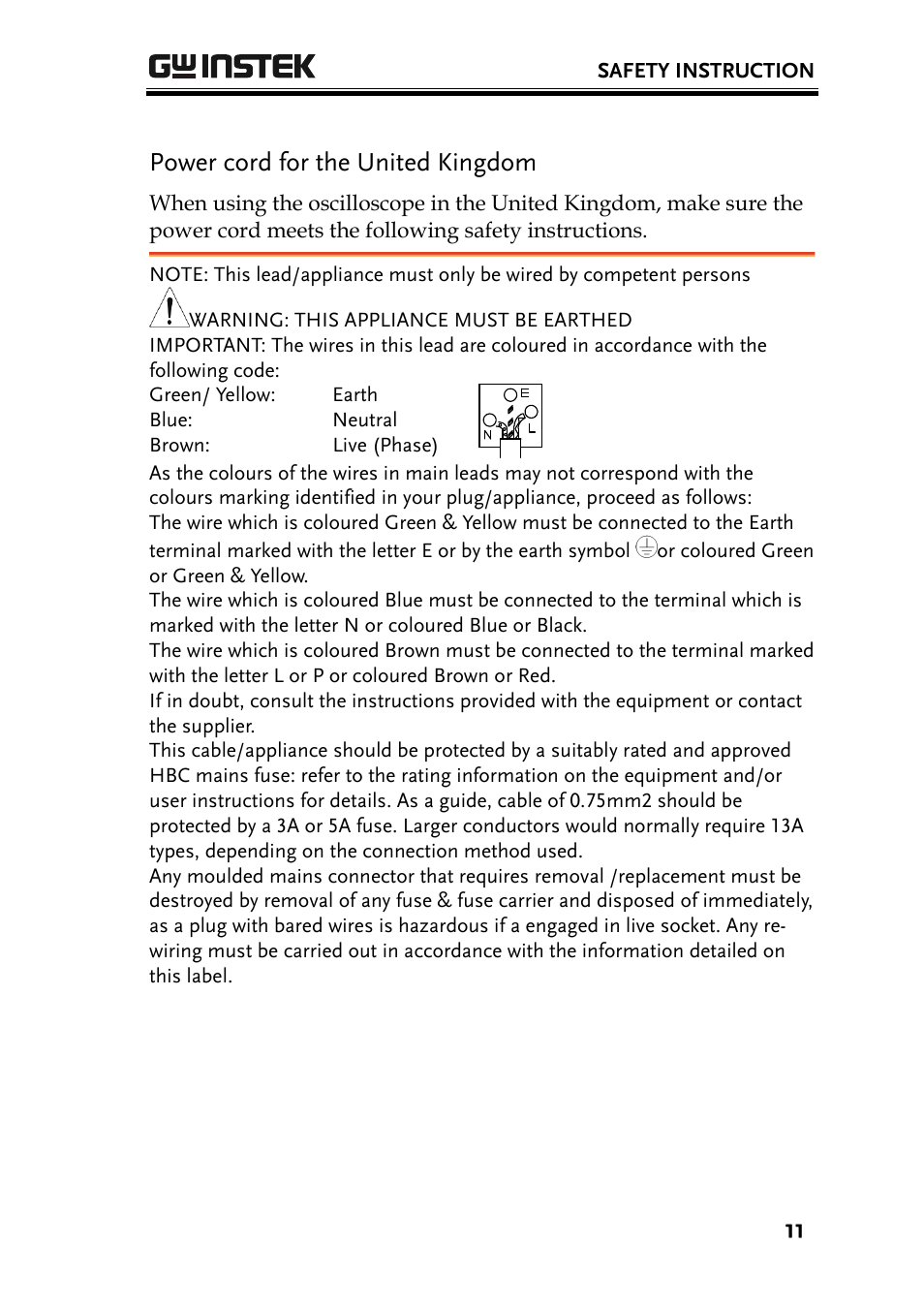 Power cord for the united kingdom | GW Instek GDS-1000 Series User Manual User Manual | Page 11 / 107