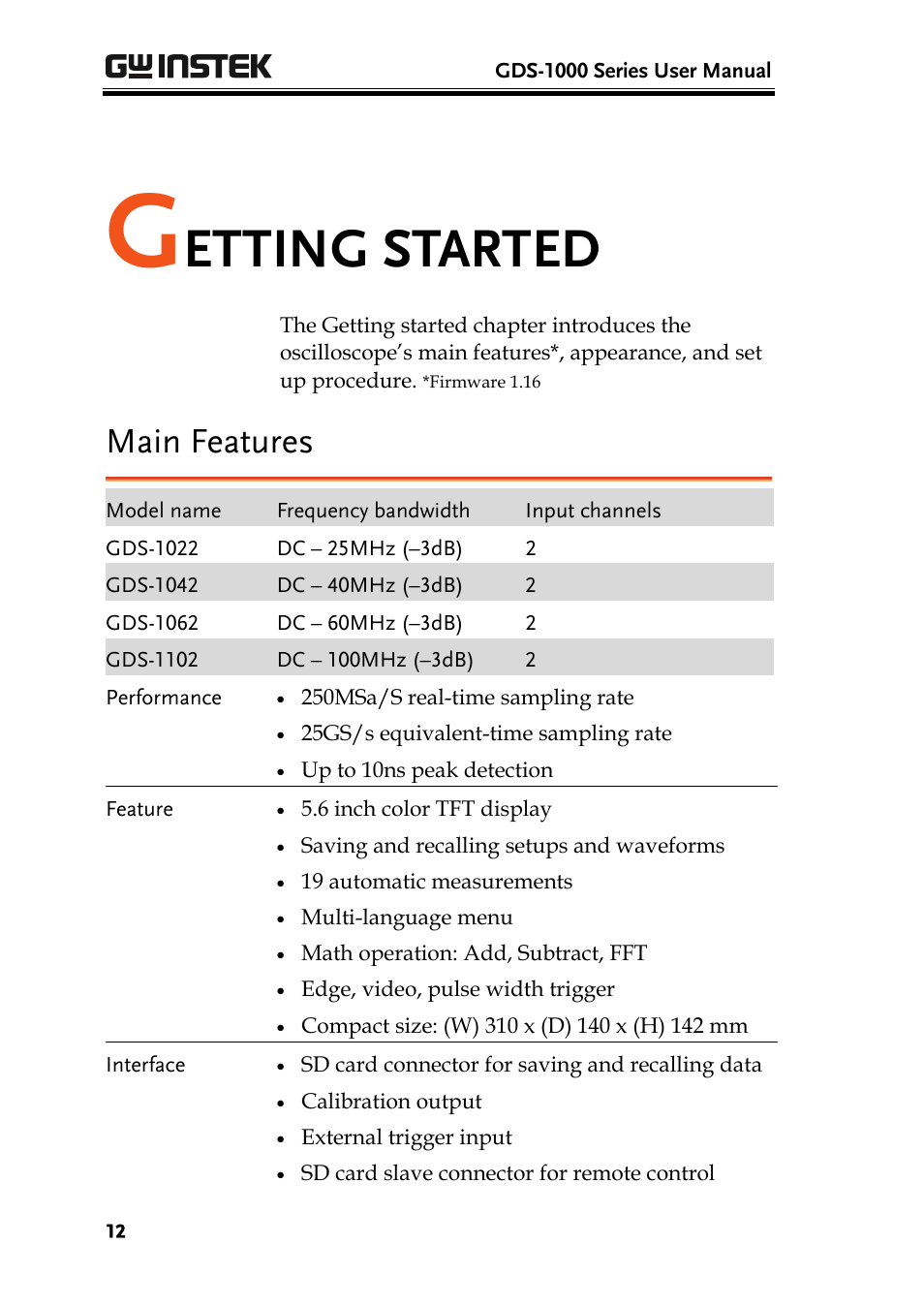 Etting started, Main features | GW Instek GDS-1000 Series User Manual User Manual | Page 12 / 107