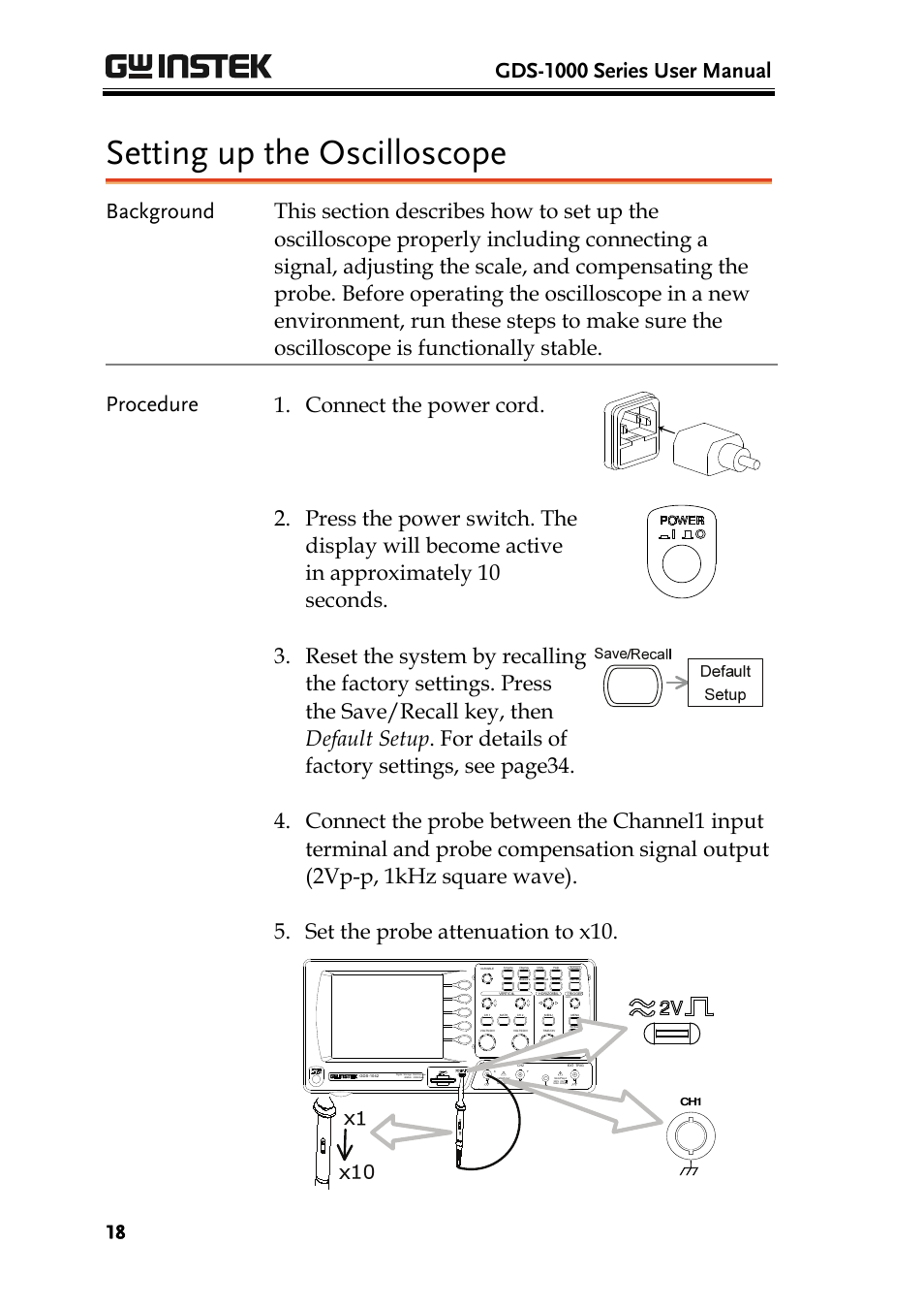 Setting up the oscilloscope, Gds-1000 series user manual | GW Instek GDS-1000 Series User Manual User Manual | Page 18 / 107