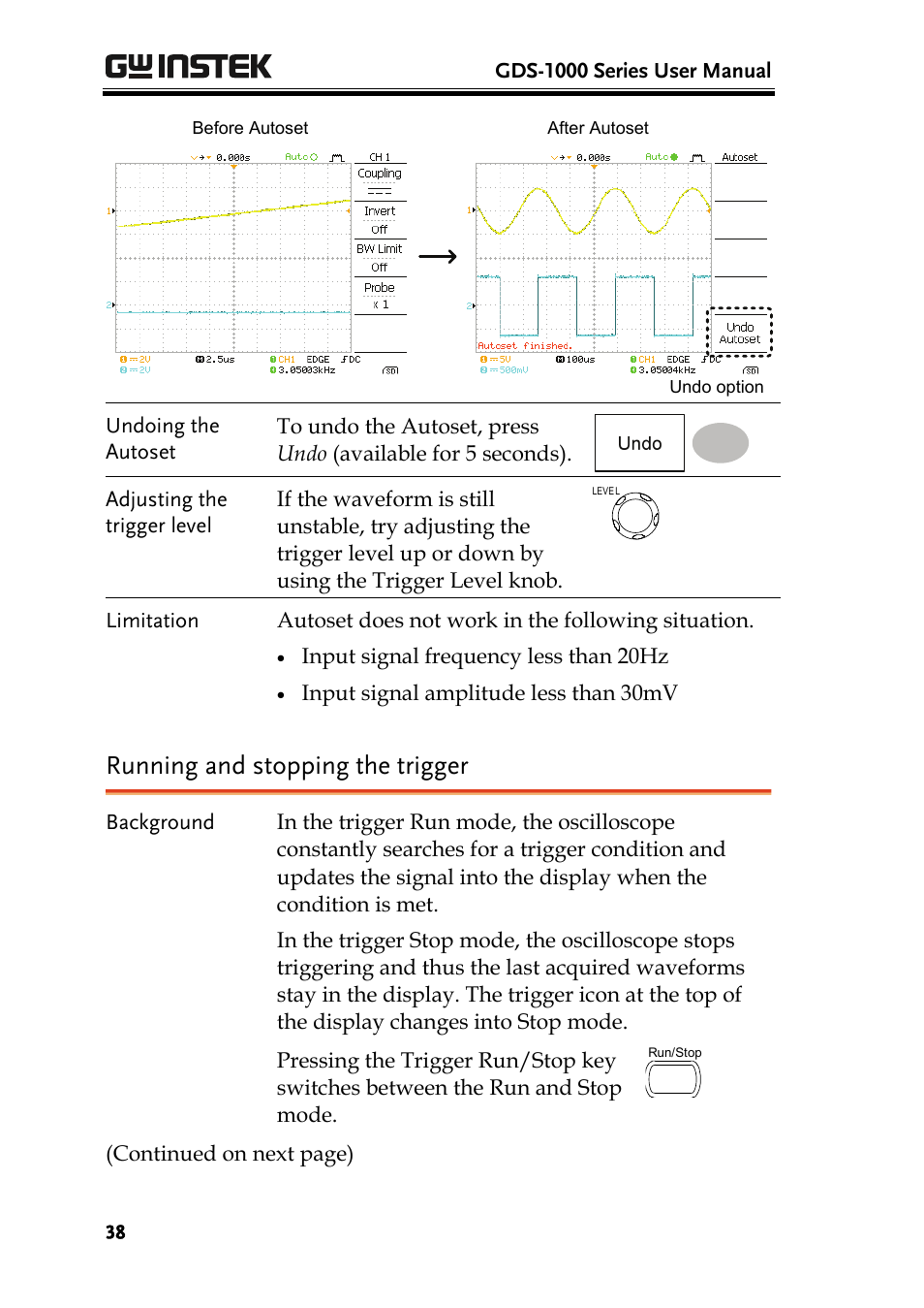 Running and stopping the trigger | GW Instek GDS-1000 Series User Manual User Manual | Page 38 / 107
