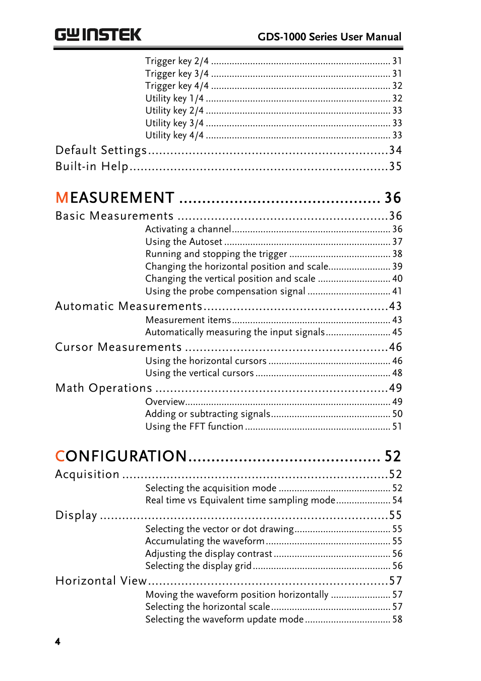Measurement, Configuration | GW Instek GDS-1000 Series User Manual User Manual | Page 4 / 107