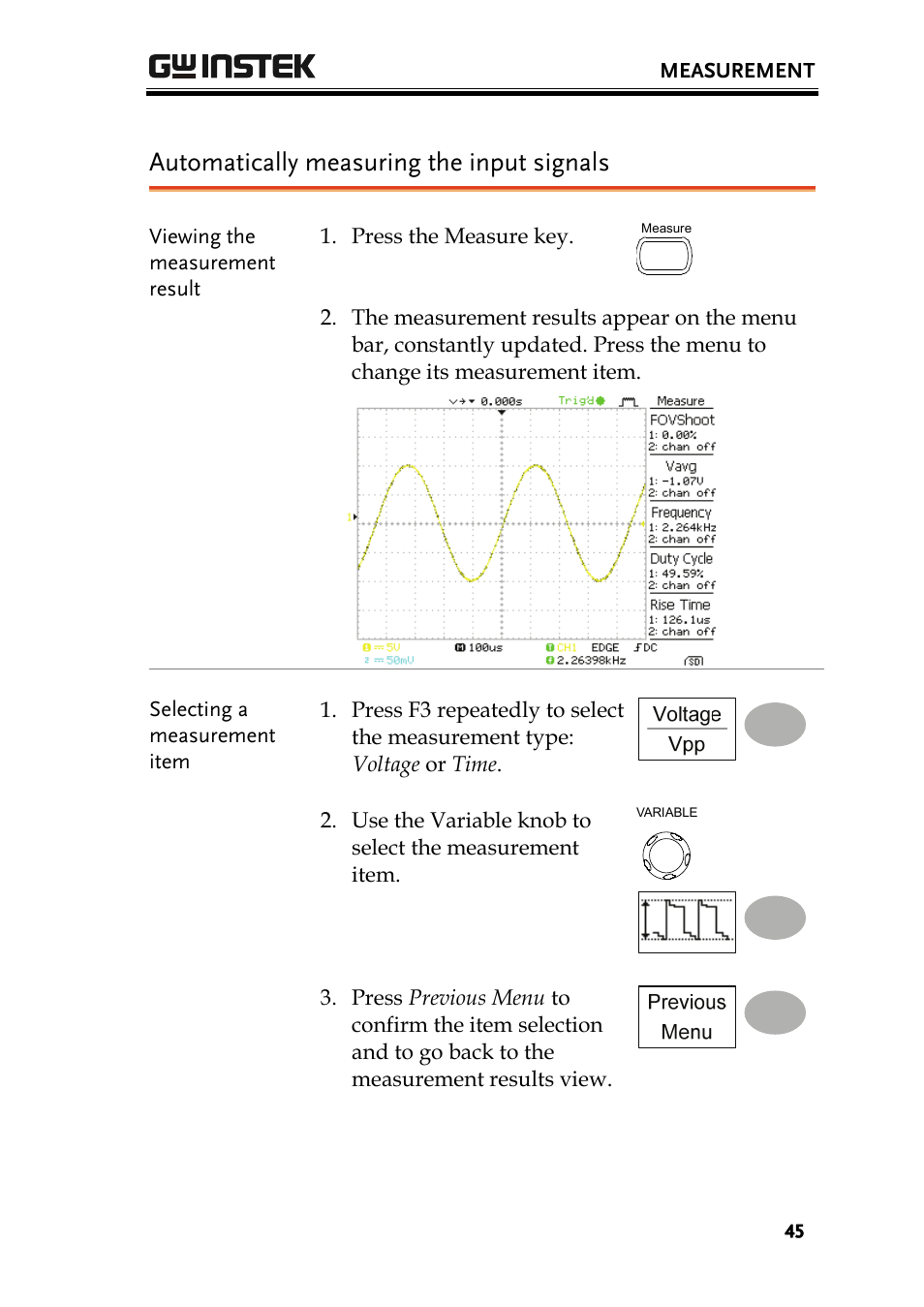 Automatically measuring the input signals | GW Instek GDS-1000 Series User Manual User Manual | Page 45 / 107