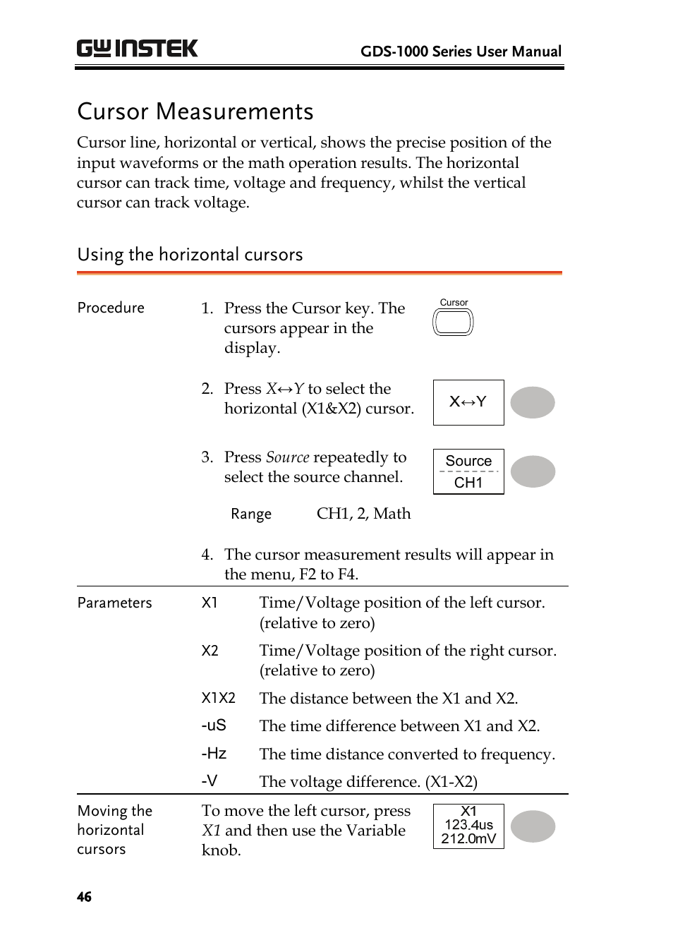 Cursor measurements, Using the horizontal cursors | GW Instek GDS-1000 Series User Manual User Manual | Page 46 / 107