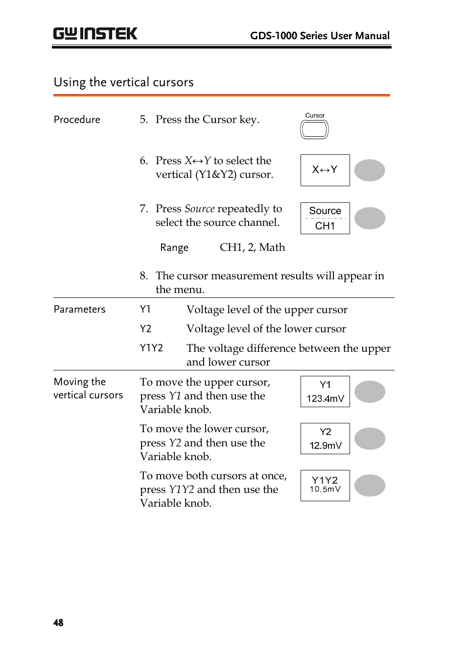 Using the vertical cursors | GW Instek GDS-1000 Series User Manual User Manual | Page 48 / 107