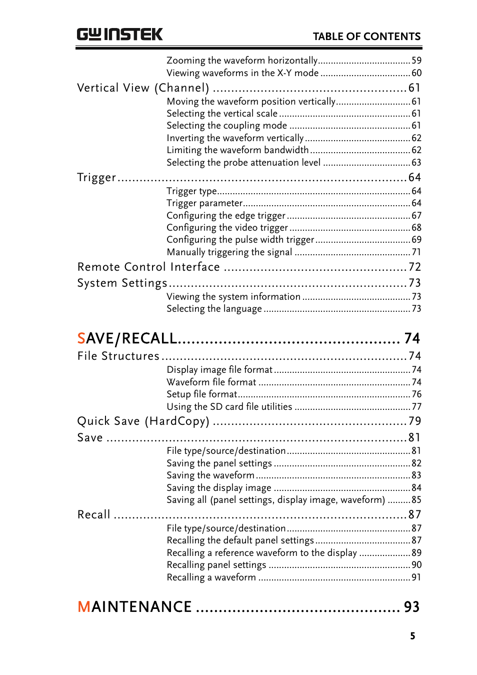 Save/recall, Maintenance | GW Instek GDS-1000 Series User Manual User Manual | Page 5 / 107