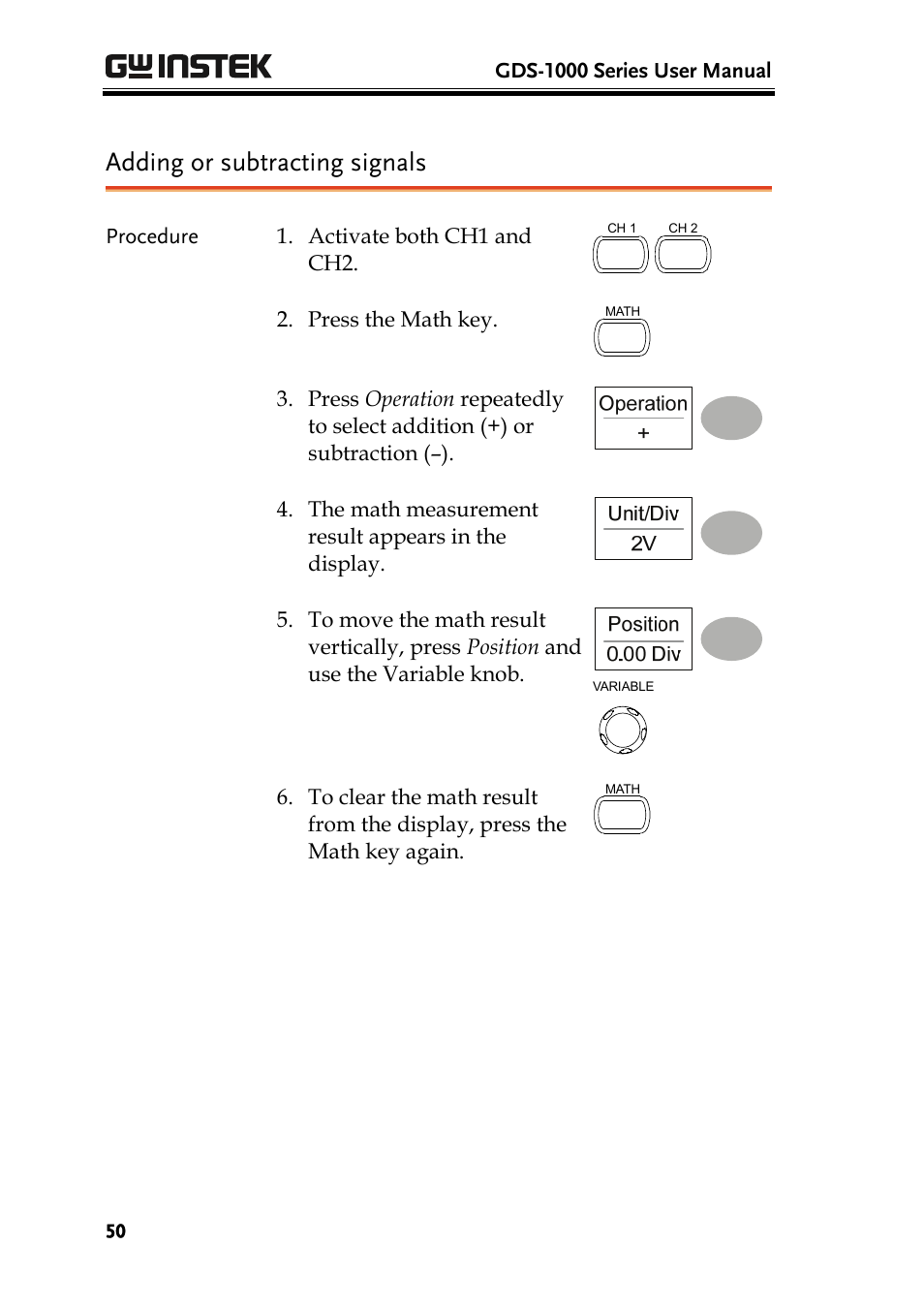 Adding or subtracting signals | GW Instek GDS-1000 Series User Manual User Manual | Page 50 / 107