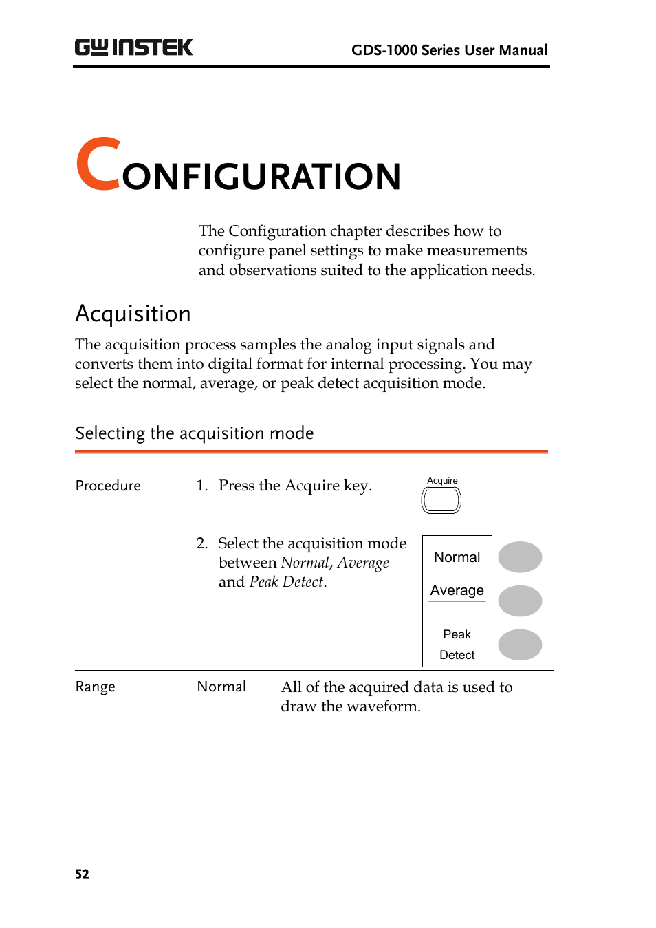 Onfiguration, Acquisition | GW Instek GDS-1000 Series User Manual User Manual | Page 52 / 107