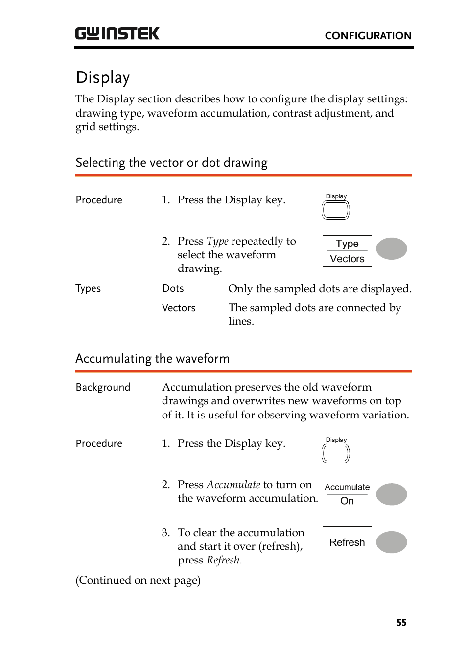 Display, Selecting the vector or dot drawing, Accumulating the waveform | GW Instek GDS-1000 Series User Manual User Manual | Page 55 / 107