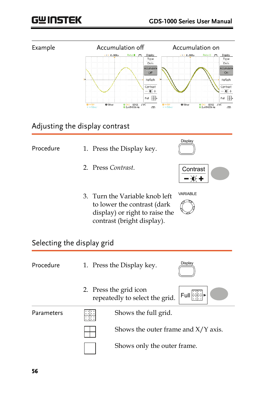 Adjusting the display contrast, Selecting the display grid | GW Instek GDS-1000 Series User Manual User Manual | Page 56 / 107