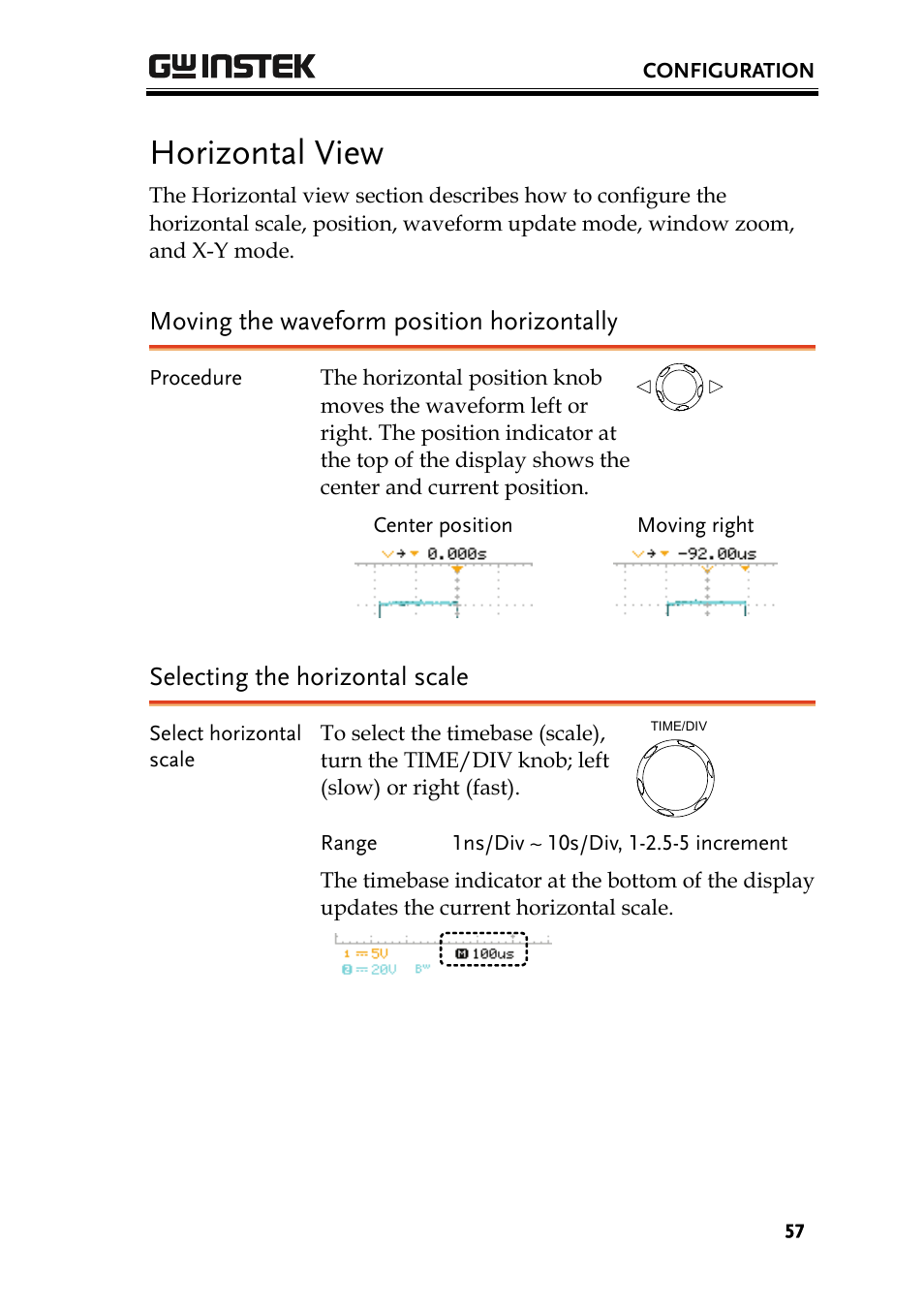 Horizontal view, Moving the waveform position horizontally, Selecting the horizontal scale | GW Instek GDS-1000 Series User Manual User Manual | Page 57 / 107