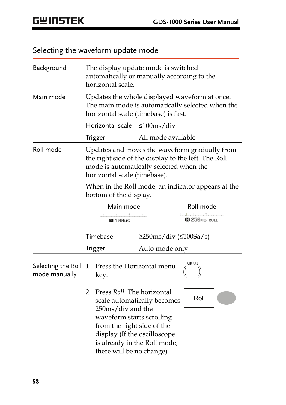 Selecting the waveform update mode | GW Instek GDS-1000 Series User Manual User Manual | Page 58 / 107