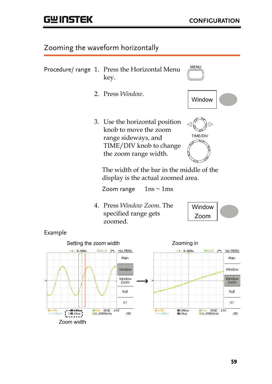 Zooming the waveform horizontally | GW Instek GDS-1000 Series User Manual User Manual | Page 59 / 107