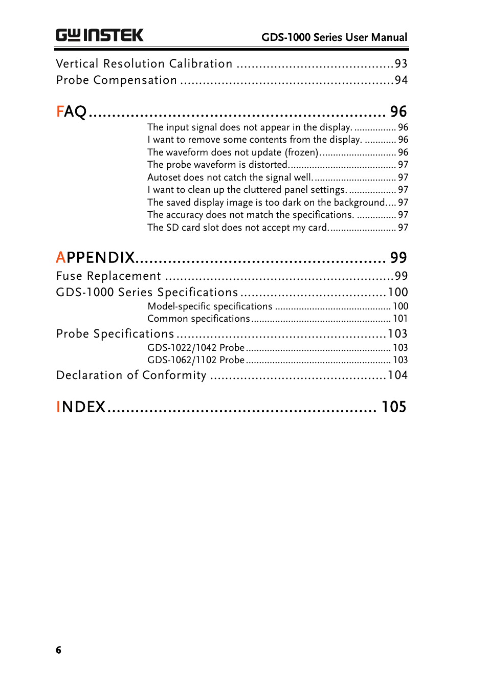 Appendix, Index | GW Instek GDS-1000 Series User Manual User Manual | Page 6 / 107