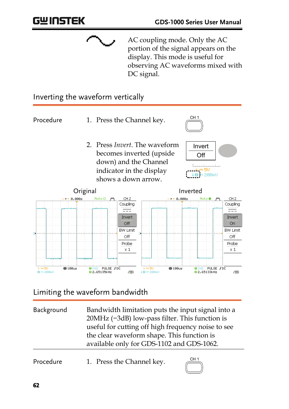 Inverting the waveform vertically, Limiting the waveform bandwidth | GW Instek GDS-1000 Series User Manual User Manual | Page 62 / 107