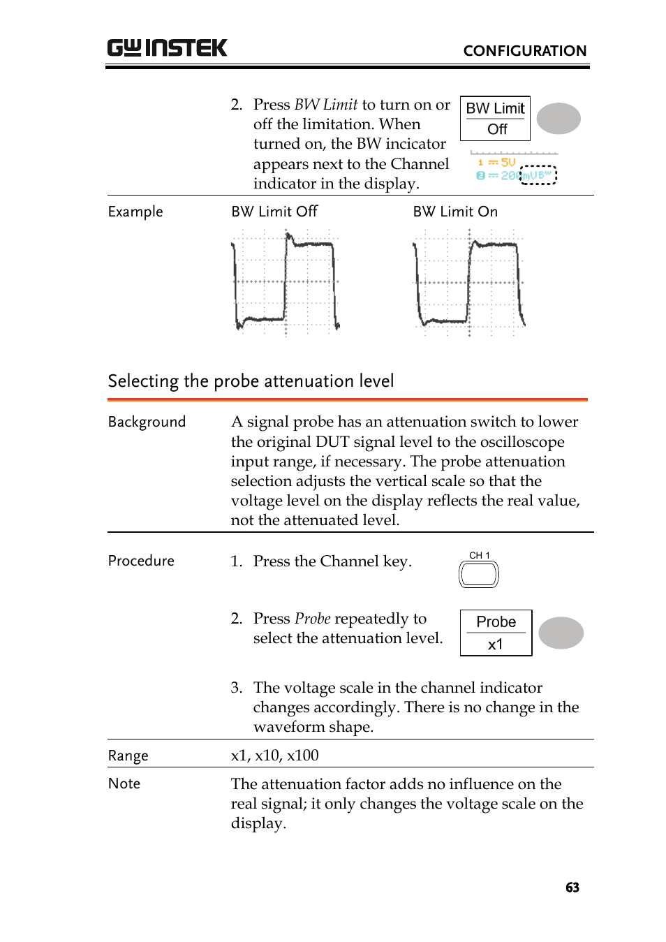 Selecting the probe attenuation level | GW Instek GDS-1000 Series User Manual User Manual | Page 63 / 107