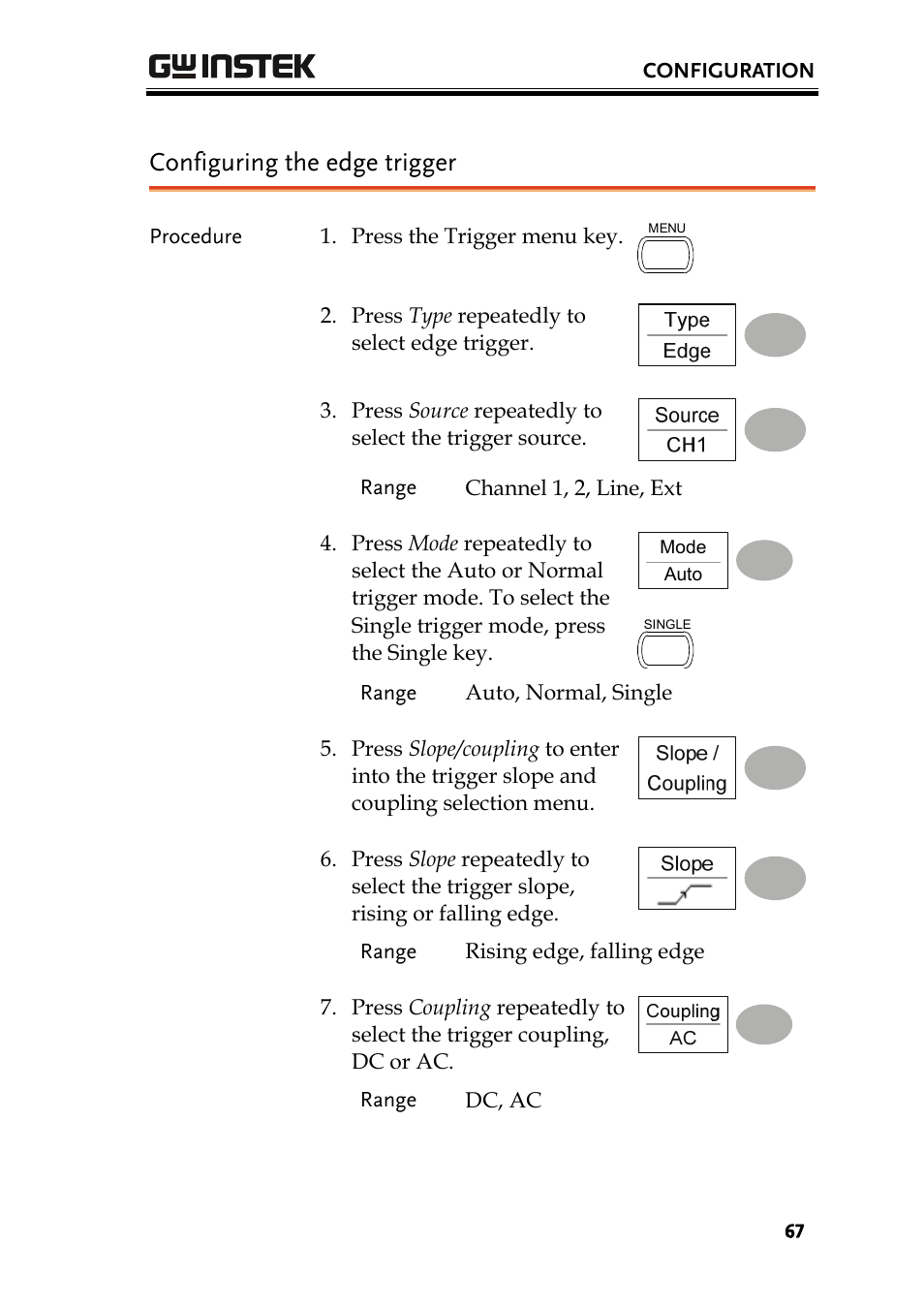 Configuring the edge trigger | GW Instek GDS-1000 Series User Manual User Manual | Page 67 / 107