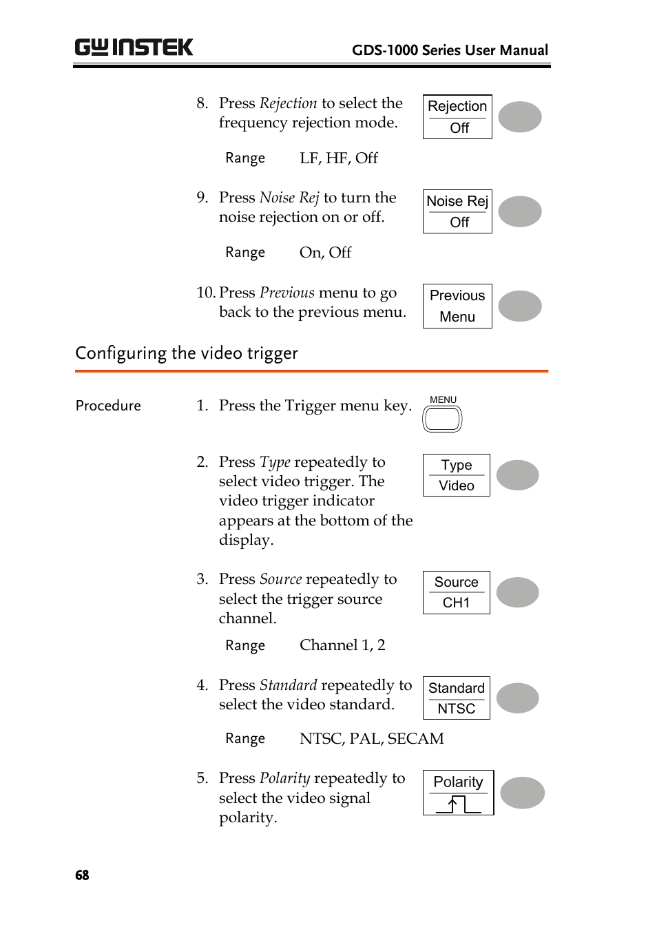 Configuring the video trigger | GW Instek GDS-1000 Series User Manual User Manual | Page 68 / 107