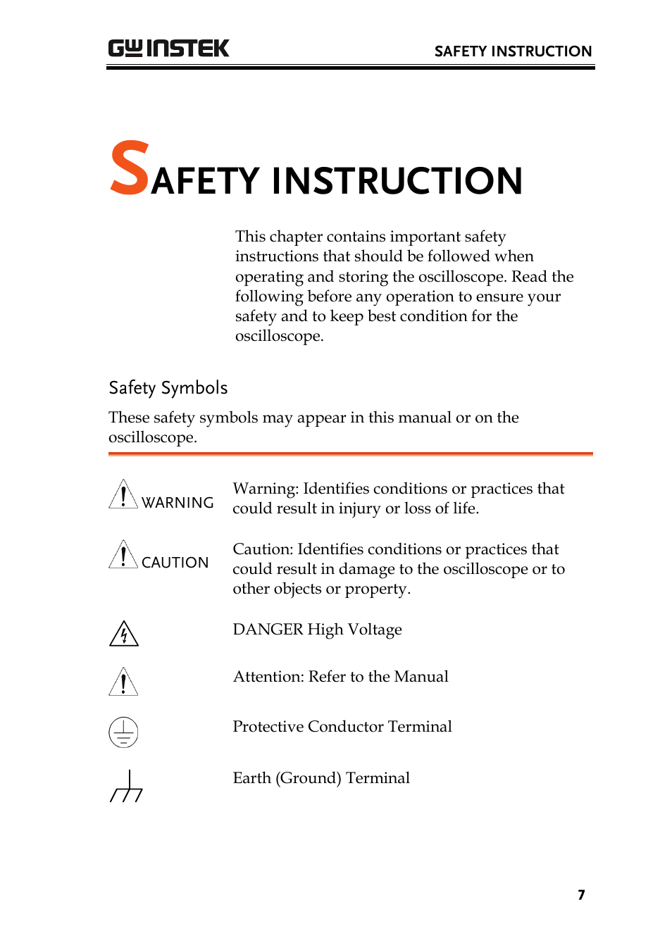 Afety instruction | GW Instek GDS-1000 Series User Manual User Manual | Page 7 / 107
