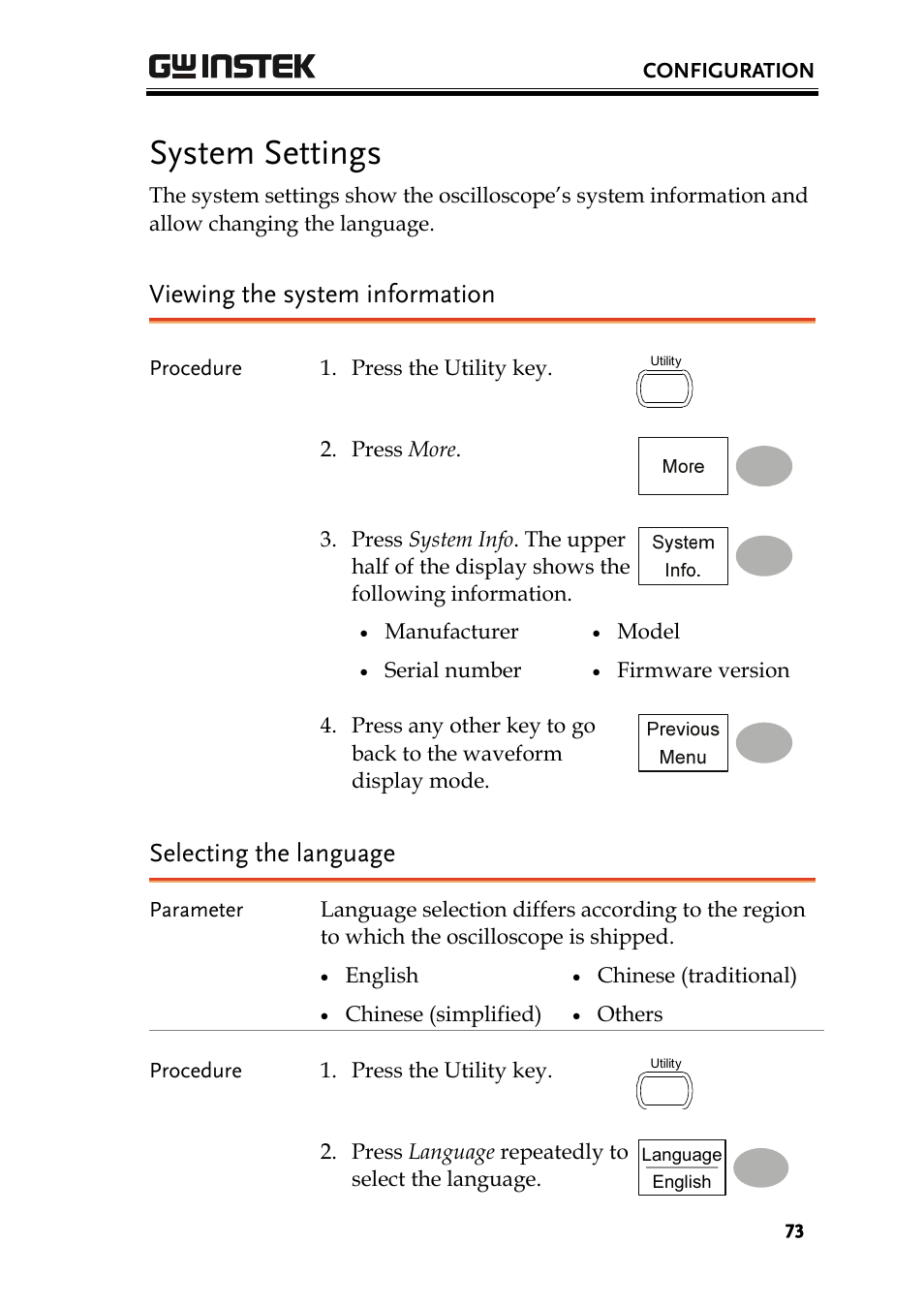 System settings, Viewing the system information, Selecting the language | GW Instek GDS-1000 Series User Manual User Manual | Page 73 / 107