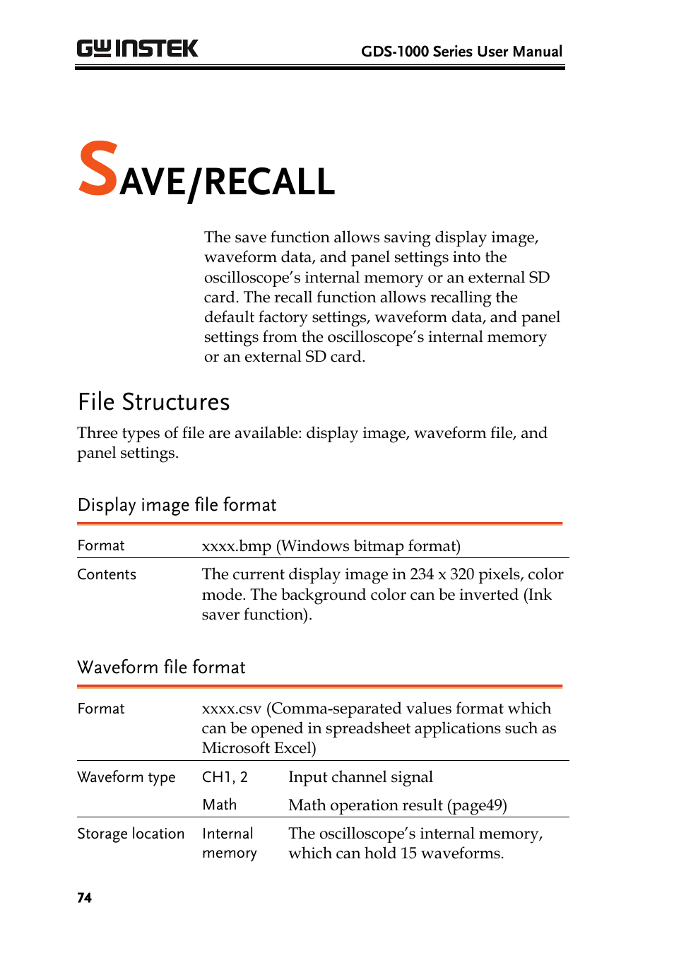 Ave/recall, File structures | GW Instek GDS-1000 Series User Manual User Manual | Page 74 / 107